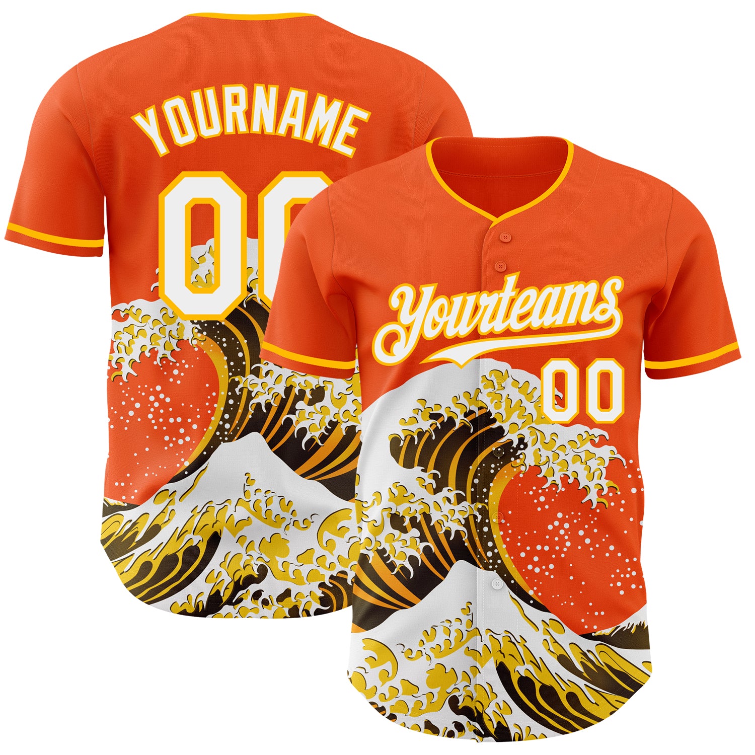 Custom Orange White-Gold Japanese Wave 3D Pattern Design Authentic Baseball Jersey
