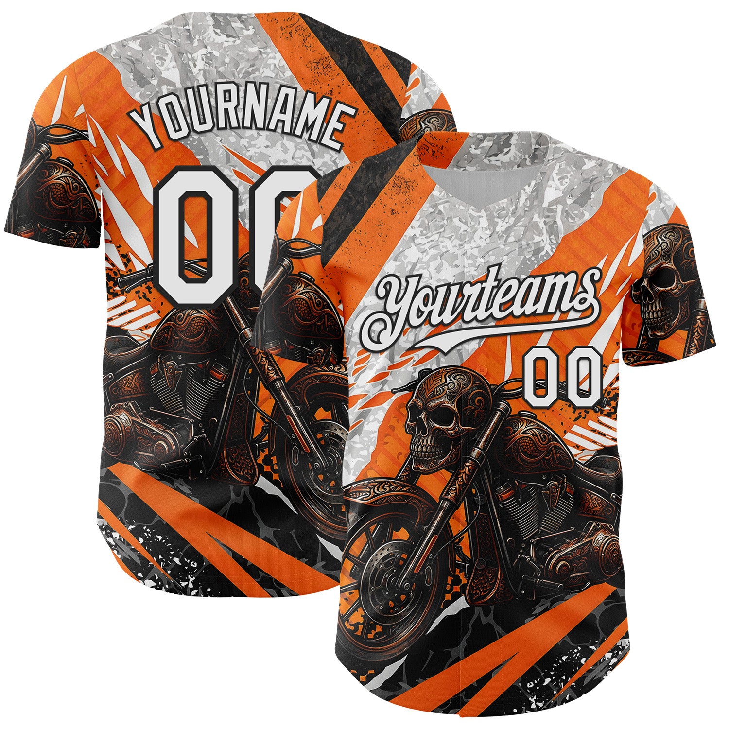 Custom Orange White Gray-Black 3D Pattern Design Motorcycle Motocross Skull Authentic Baseball Jersey