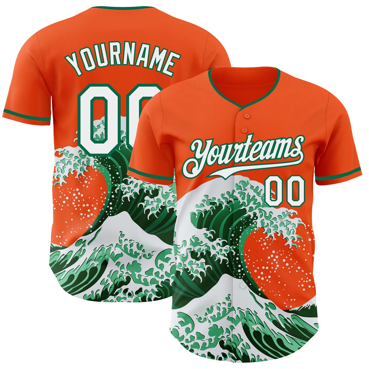 Custom Orange White-Kelly Green Japanese Wave 3D Pattern Design Authentic Baseball Jersey