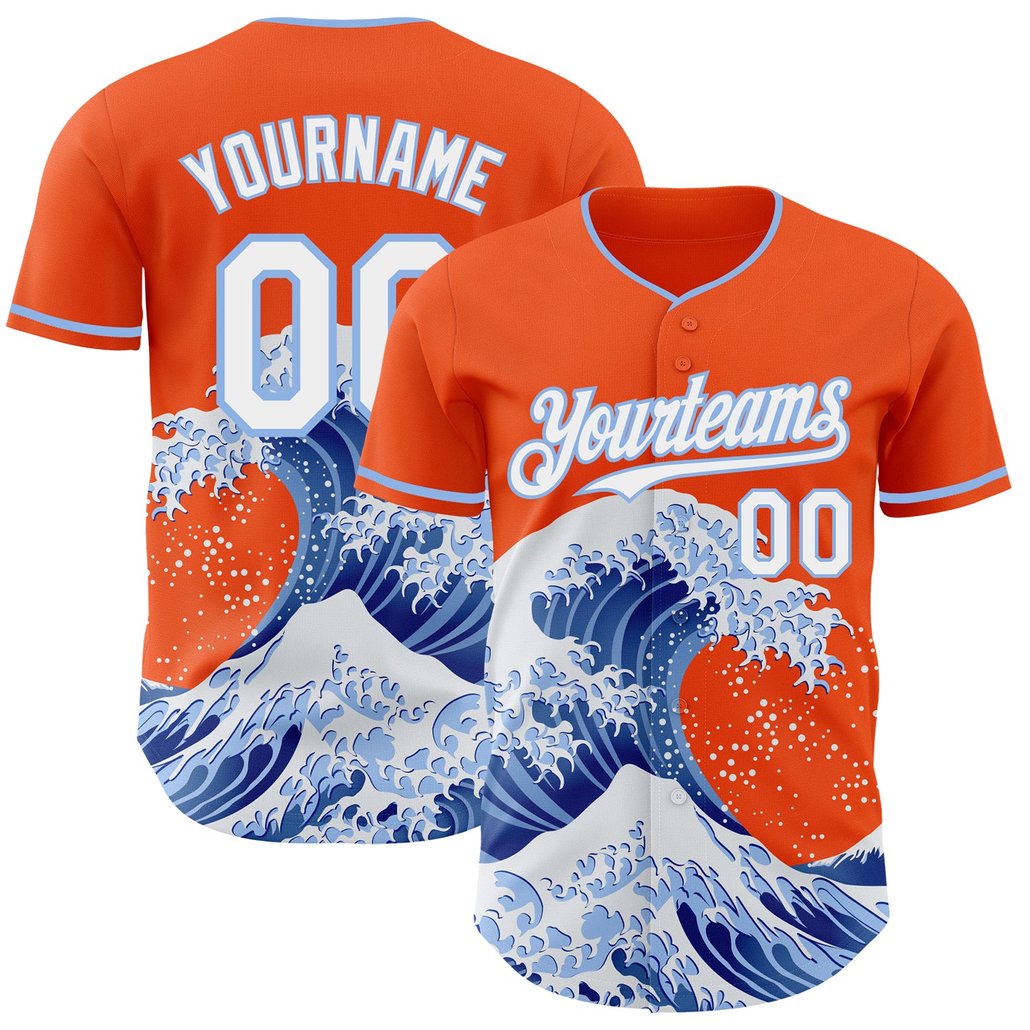 Custom Orange White-Light Blue Japanese Wave 3D Pattern Design Authentic Baseball Jersey