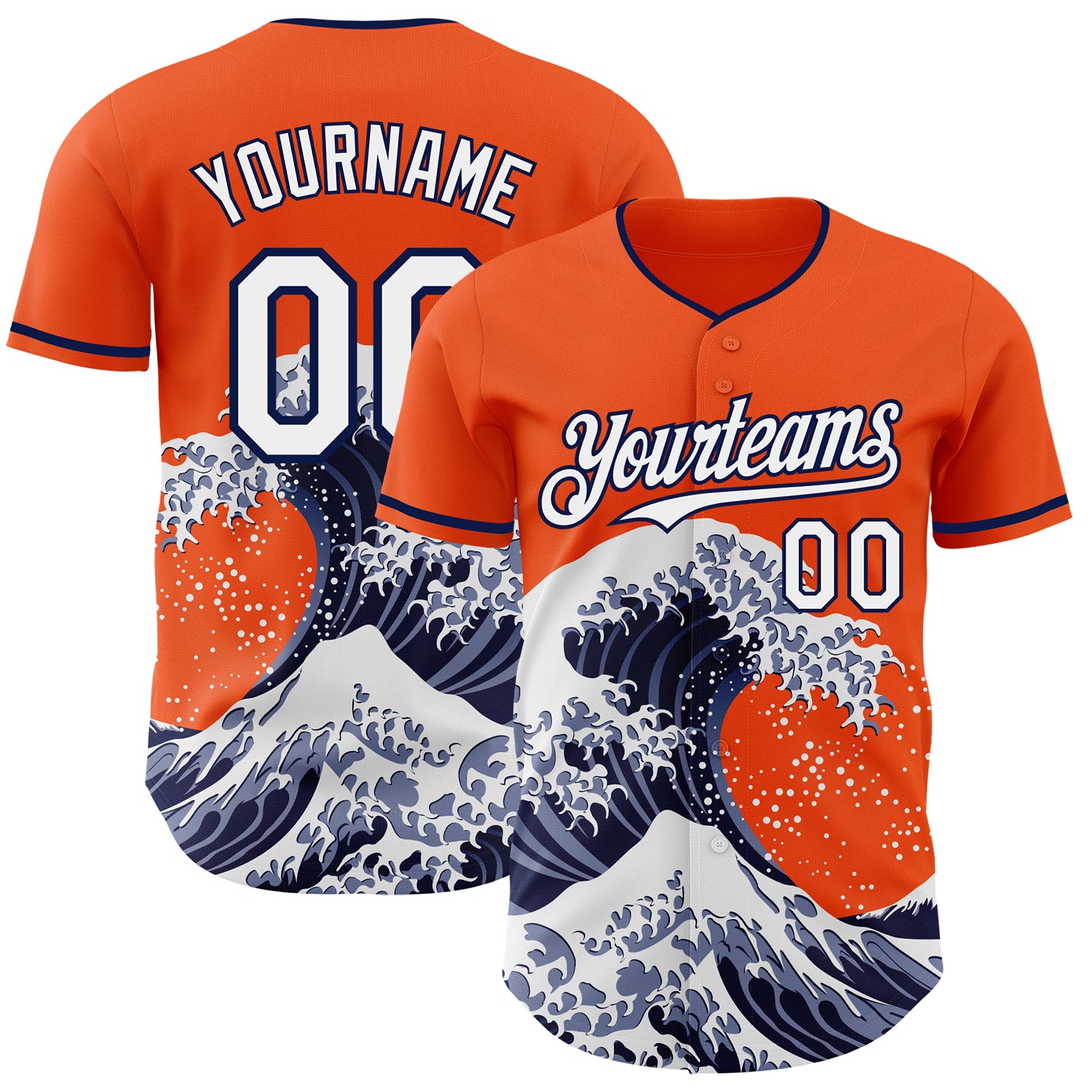 Custom Orange White-Navy Japanese Wave 3D Pattern Design Authentic Baseball Jersey