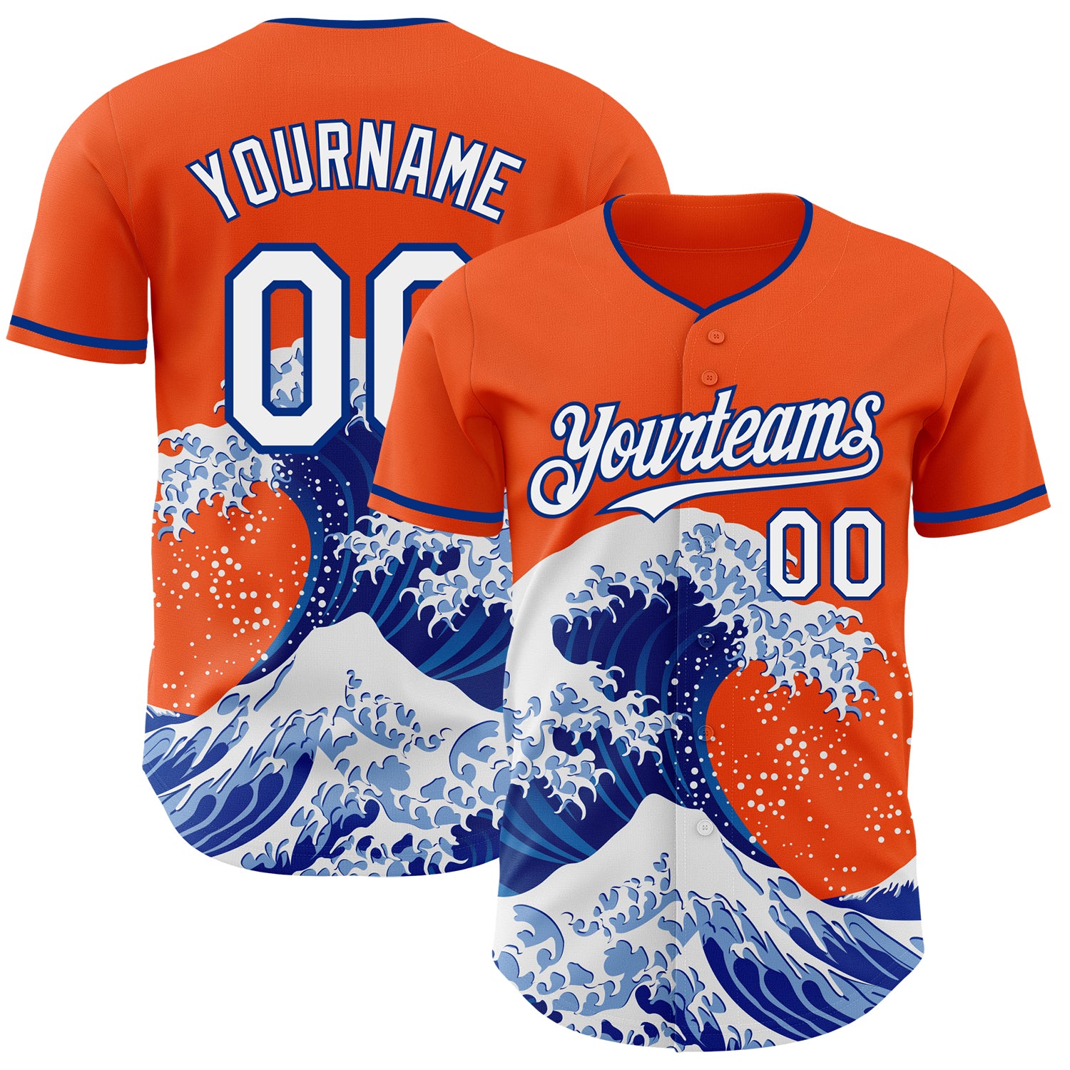 Custom Orange White-Royal Japanese Wave 3D Pattern Design Authentic Baseball Jersey