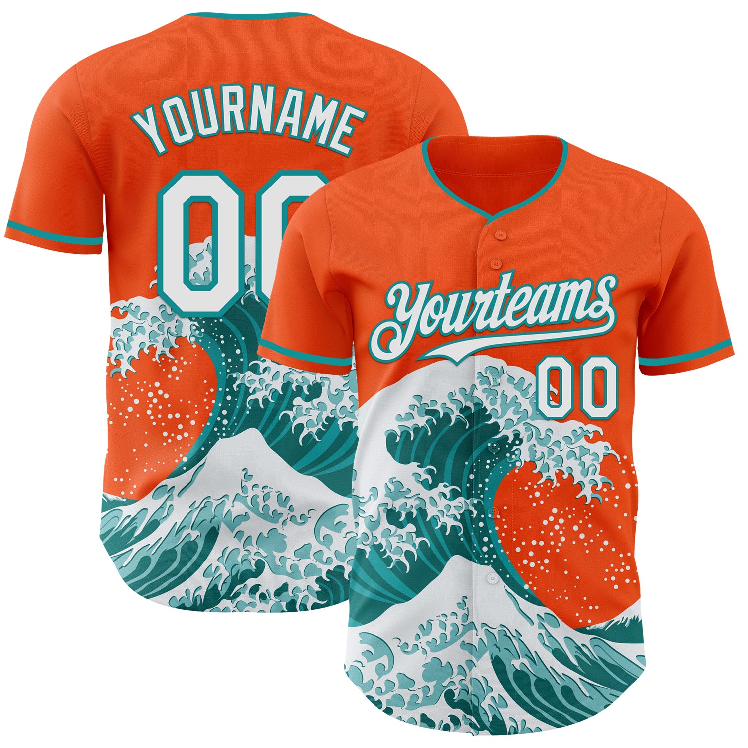 Custom Orange White-Teal Japanese Wave 3D Pattern Design Authentic Baseball Jersey