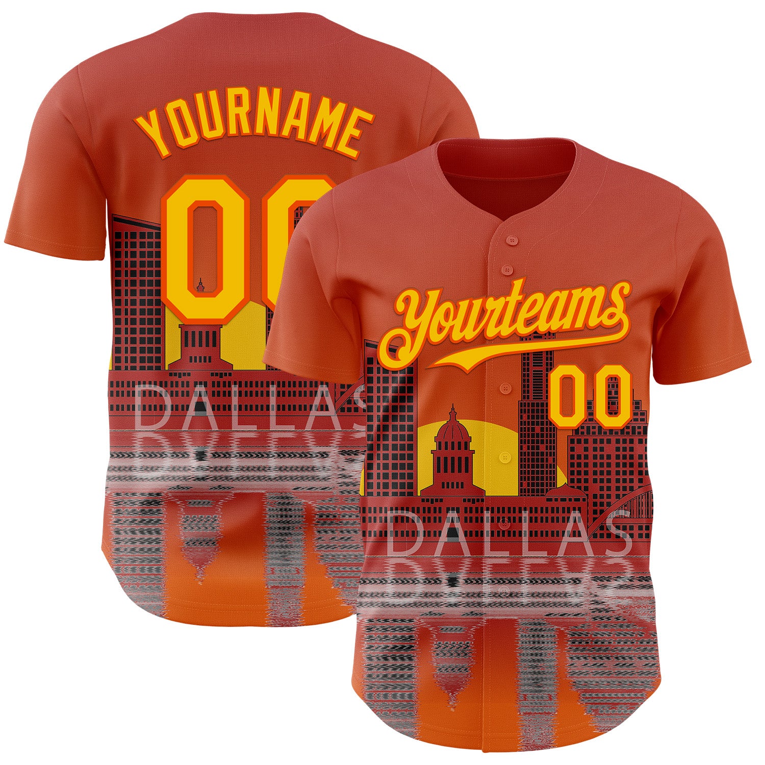 Custom Orange Yellow Dallas Texas Sunset Cityscape Landmark City Symbol Authentic Baseball Jersey