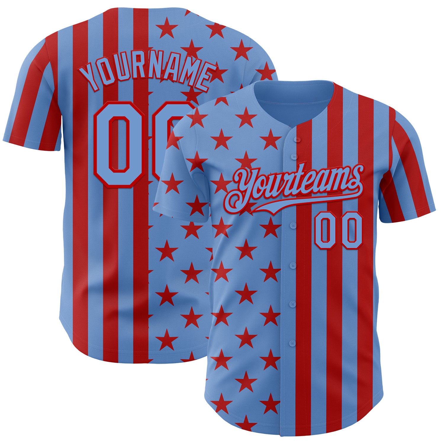 Custom Powder Blue-Red USA Flag Patriotic Split Stars and Stripes Authentic Baseball Jersey