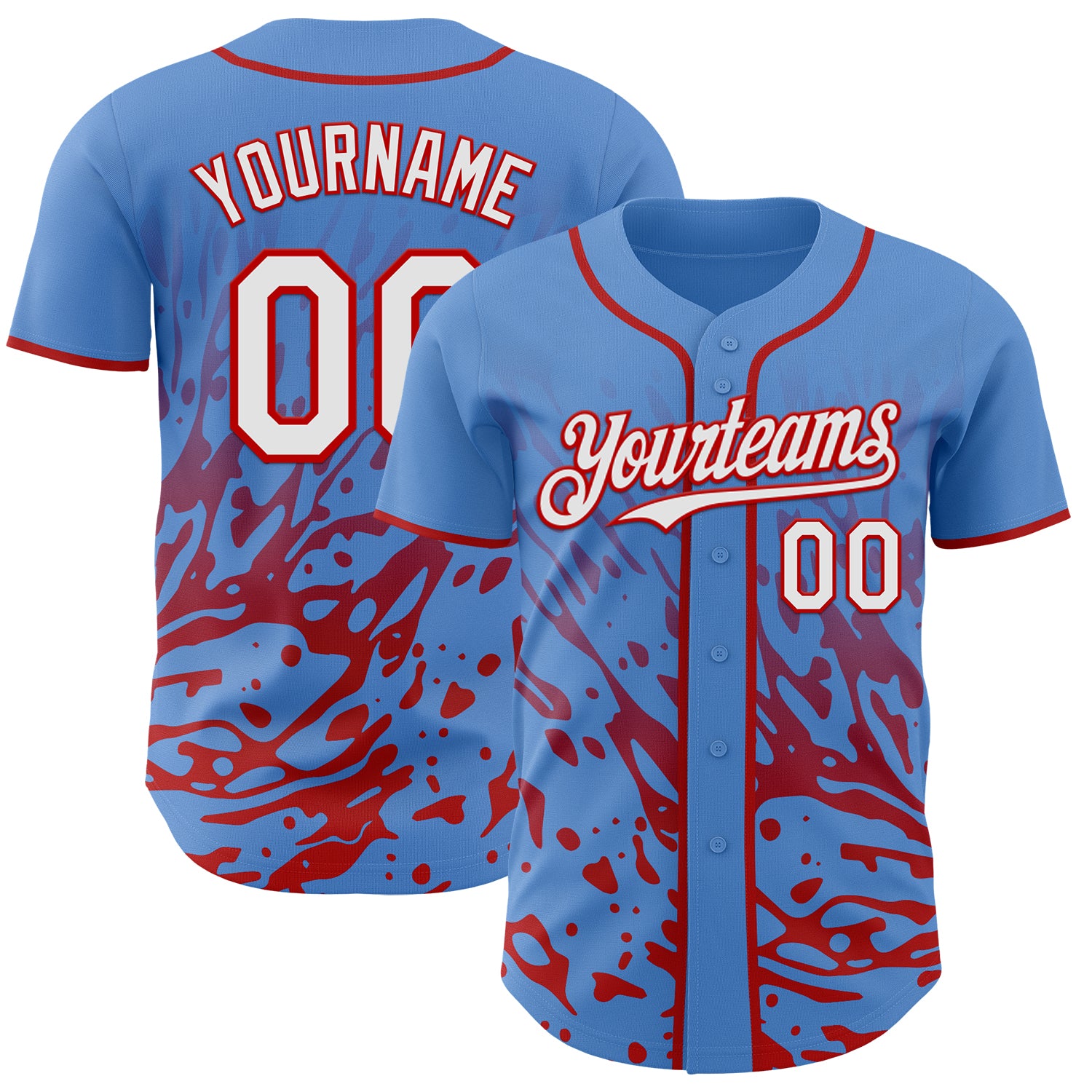Custom Powder Blue White-Red Fluid Liquid Wave Splatter Authentic Baseball Jersey