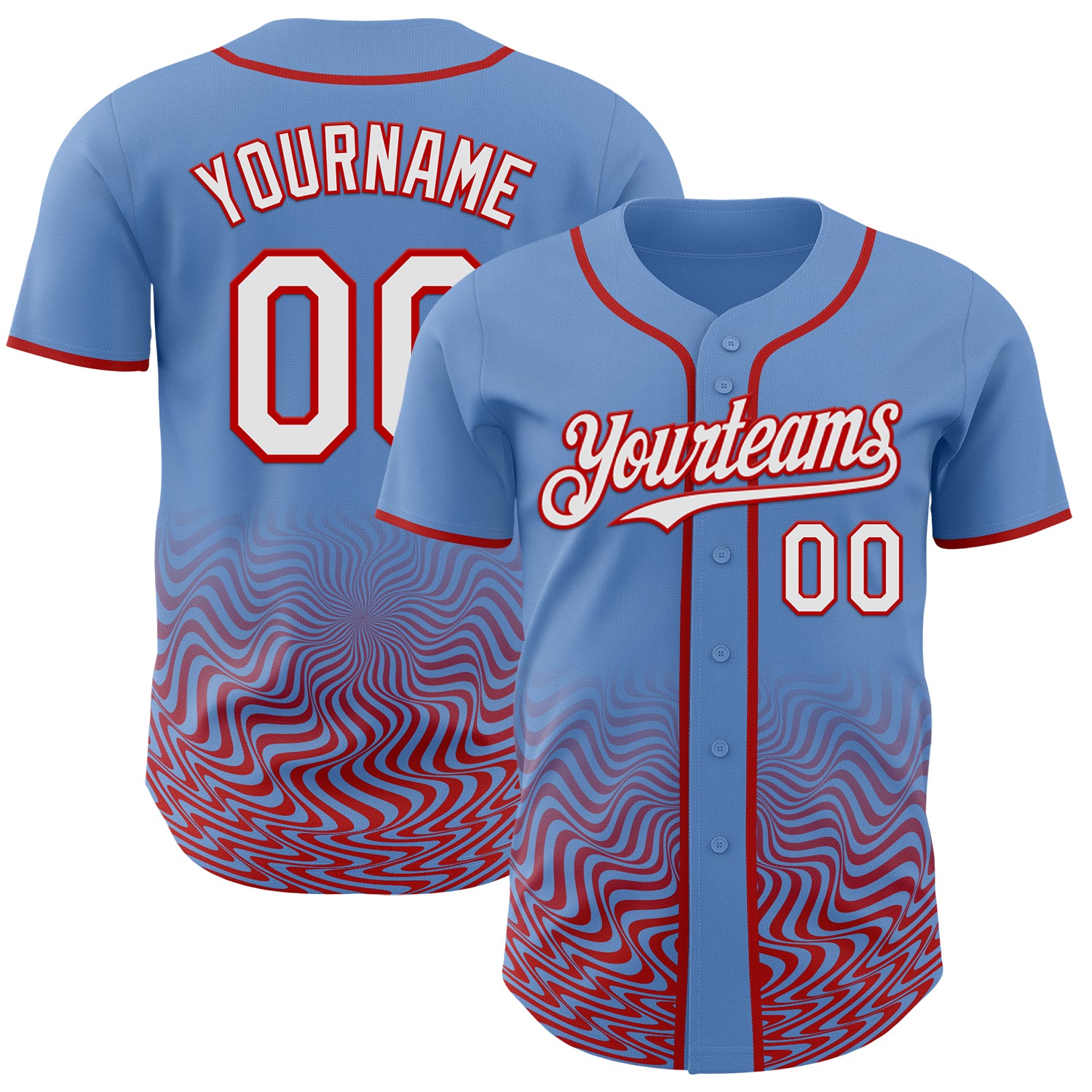 Custom Powder Blue White-Red Fluid Wave Psychedelic Swirl Authentic Baseball Jersey