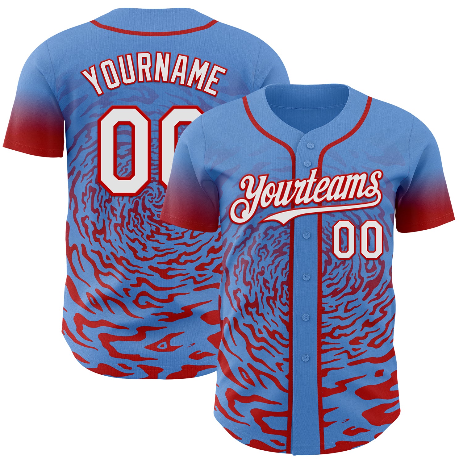 Custom Powder Blue White-Red Fluid Wave Splatter Gradient Authentic Baseball Jersey
