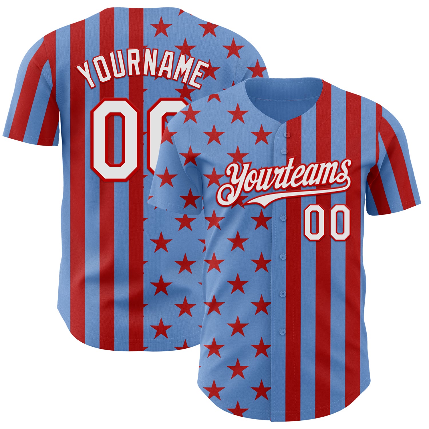 Custom Powder Blue White-Red USA Flag Patriotic Split Stars and Stripes Authentic Baseball Jersey