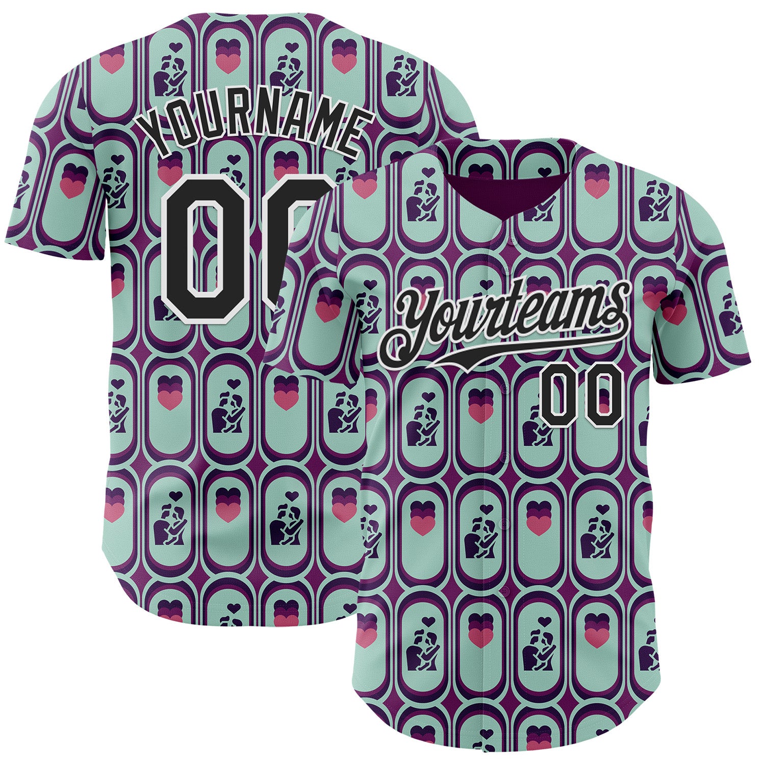 Custom Purple Black Green-White Valentine's Day Love Heart Authentic Baseball Jersey