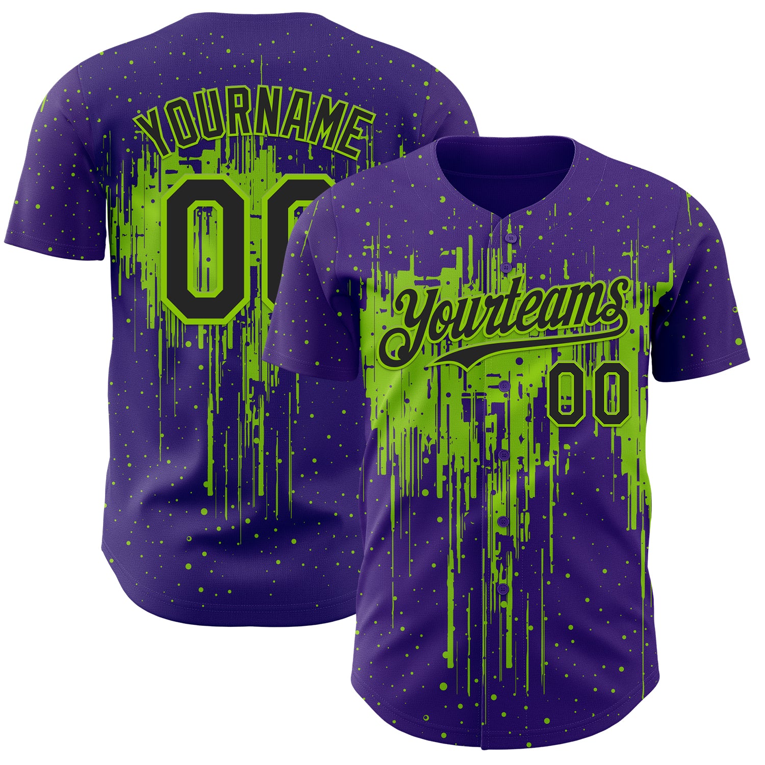 Custom Purple Black-Neon Green 3D Pattern Design Dripping Splatter Paint Authentic Baseball Jersey