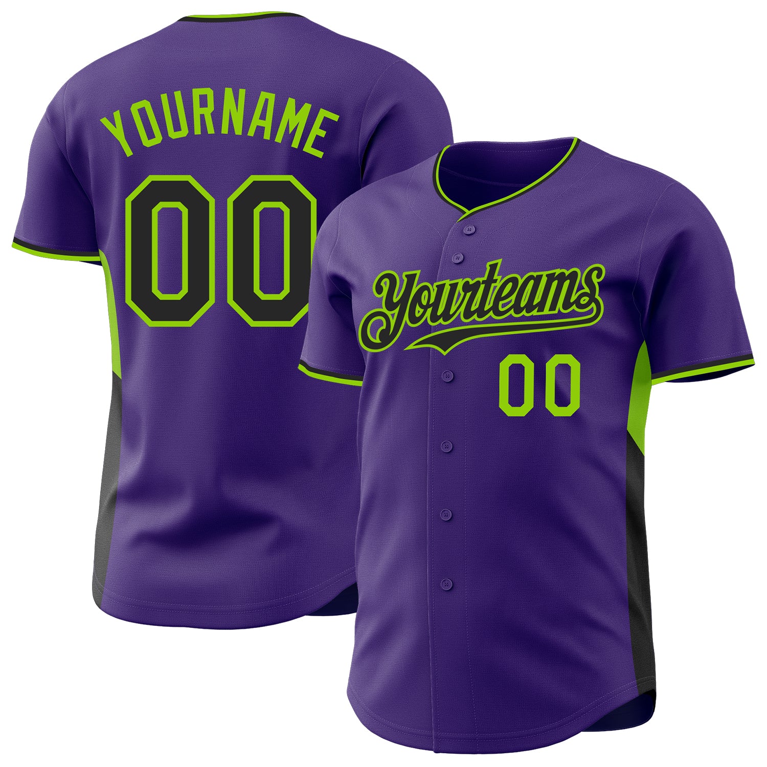 Custom Purple Black-Neon Green Classic Color Block Side Panel Stripe Authentic Baseball Jersey