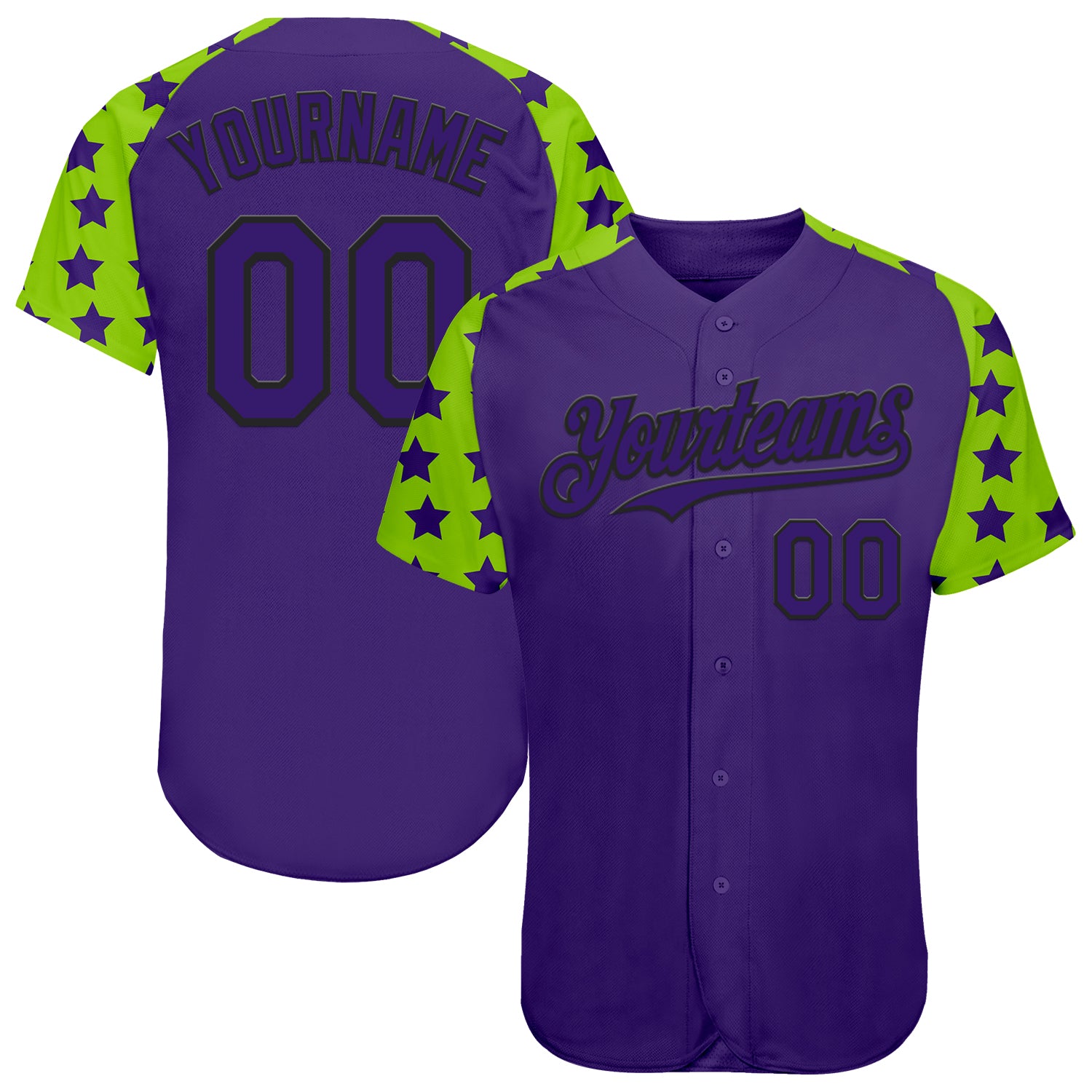 Custom Purple Black-Neon Green Star Raglan Sleeves Authentic Baseball Jersey