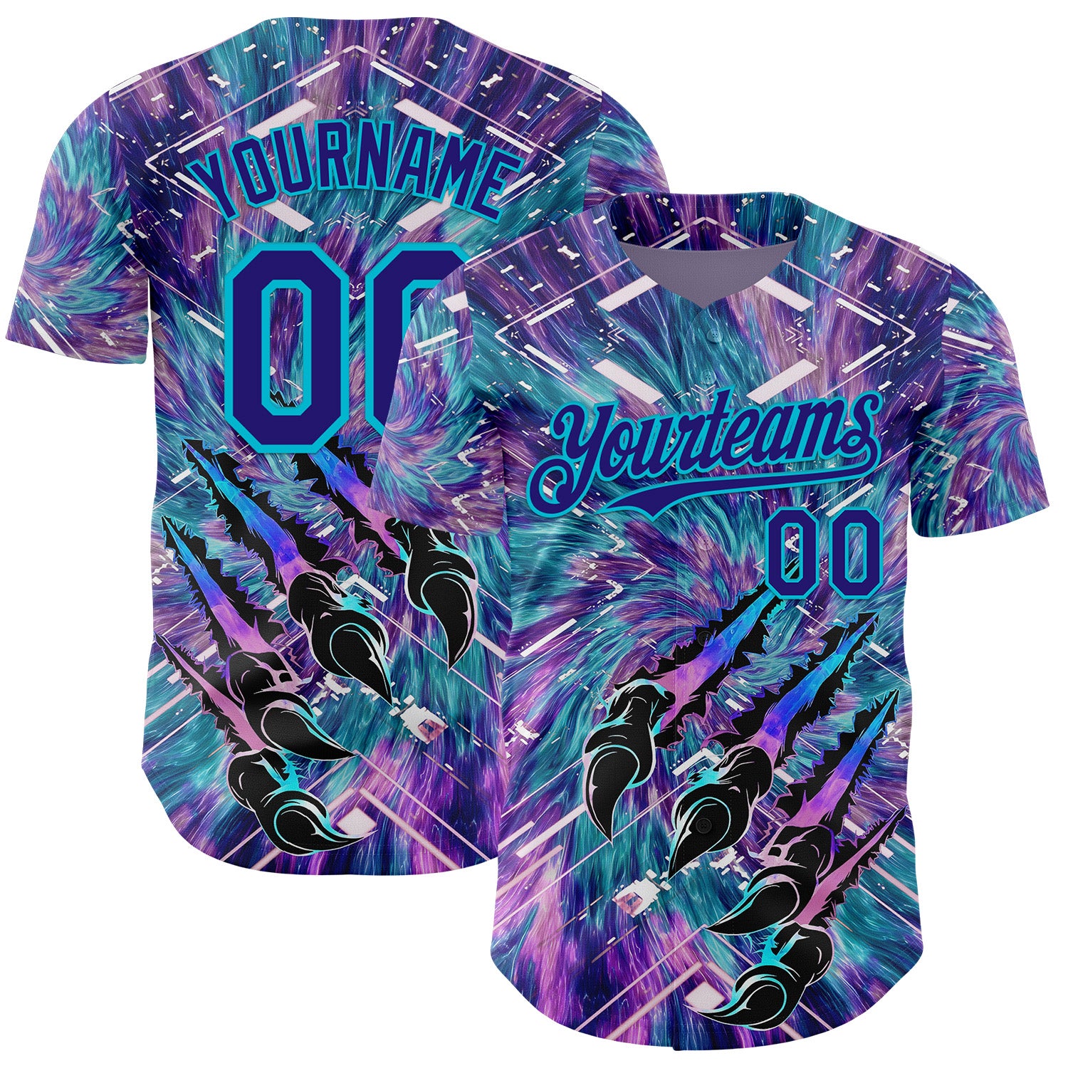 Custom Purple Dark Purple Black-Lakes Blue Cyber Tropical Palm Trees Music Festival Claw Marks Authentic Baseball Jersey