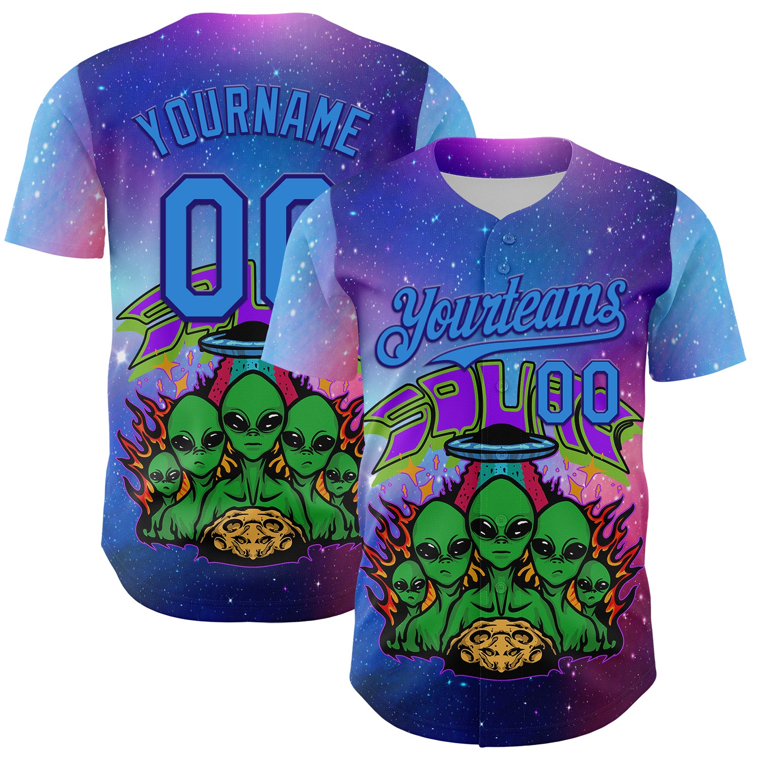 Custom Purple Electric Blue-Dark Purple 3D Pattern Design Alien Family UFO Space Galaxy Flame Authentic Baseball Jersey