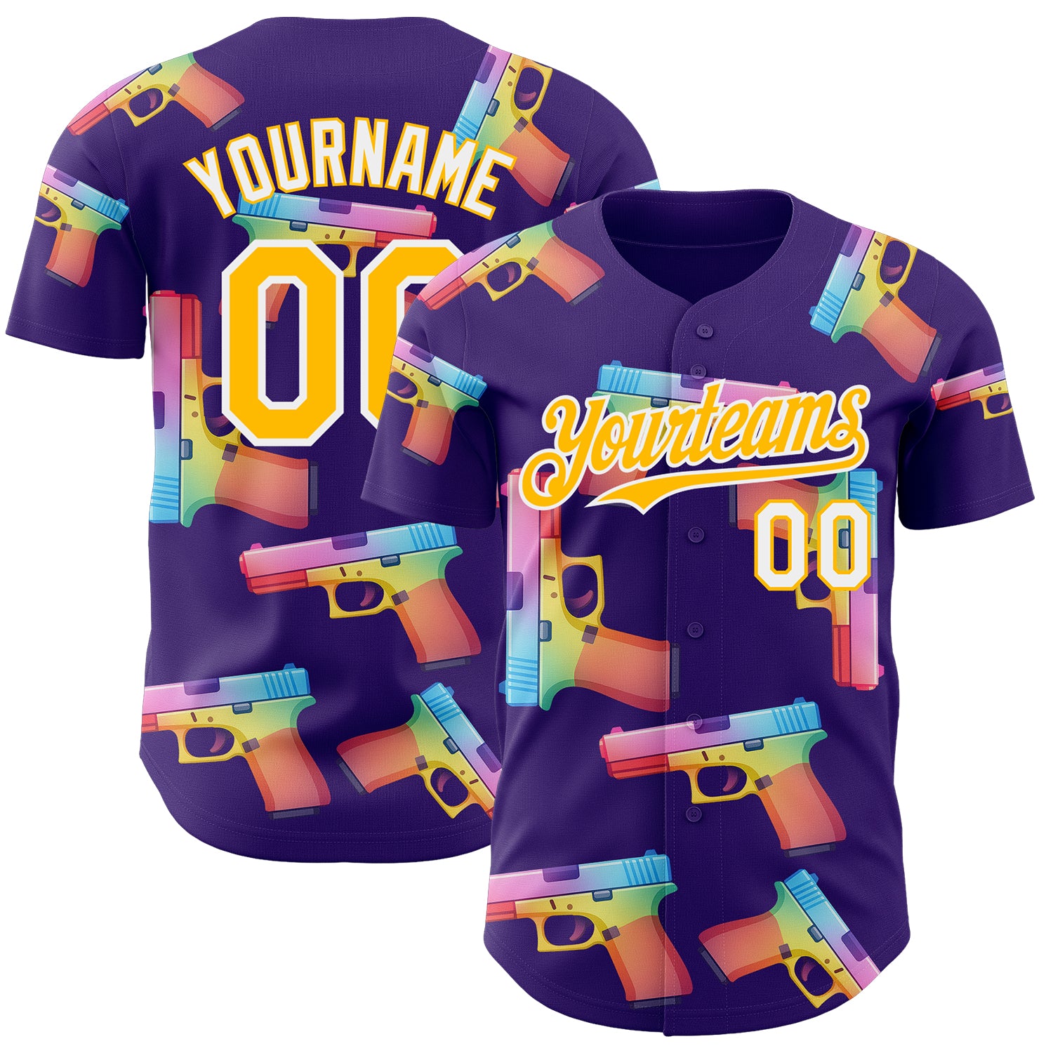 Custom Purple Gold-White Colorful Firepower 3D Pattern Design Authentic Baseball Jersey