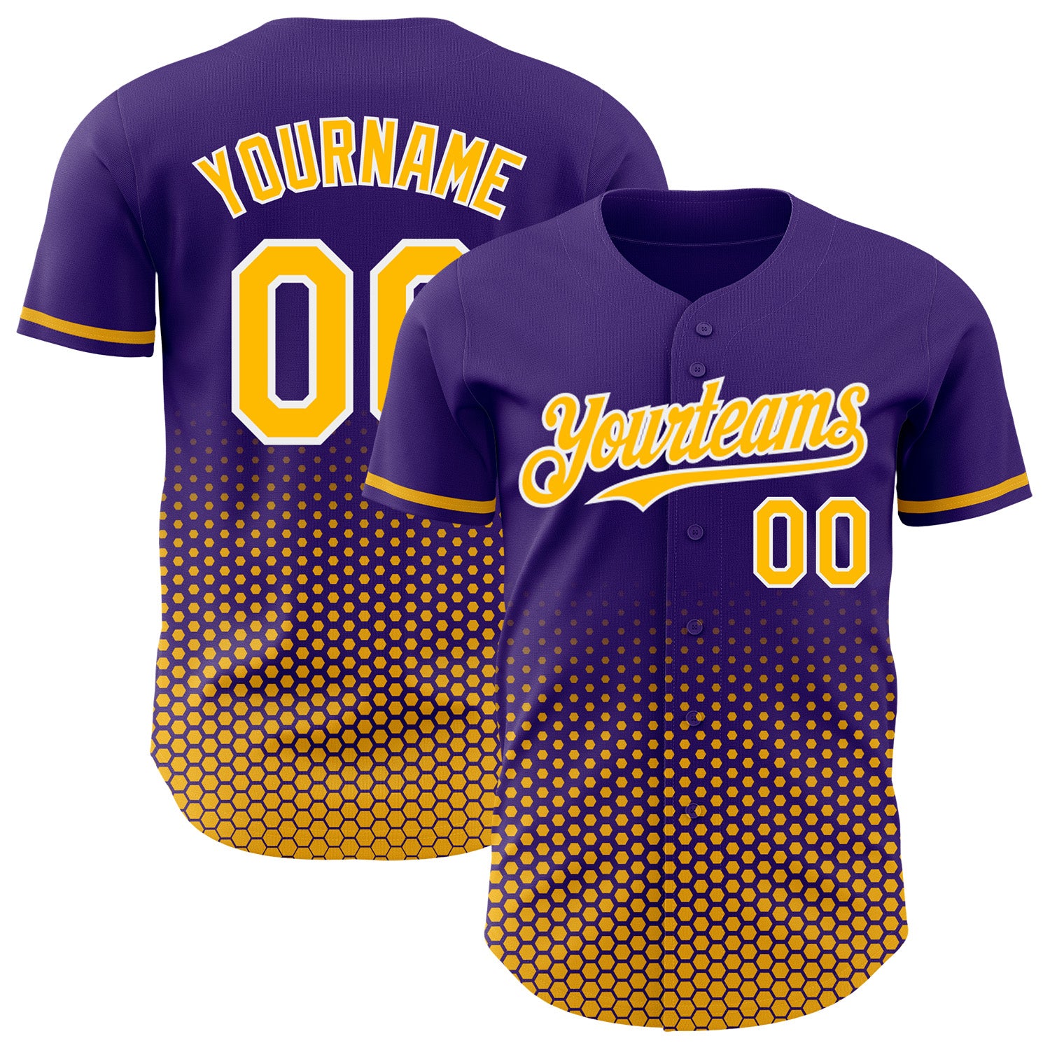 Custom Purple Gold-White Geometric Hexagonal Dot Gradient Authentic Baseball Jersey