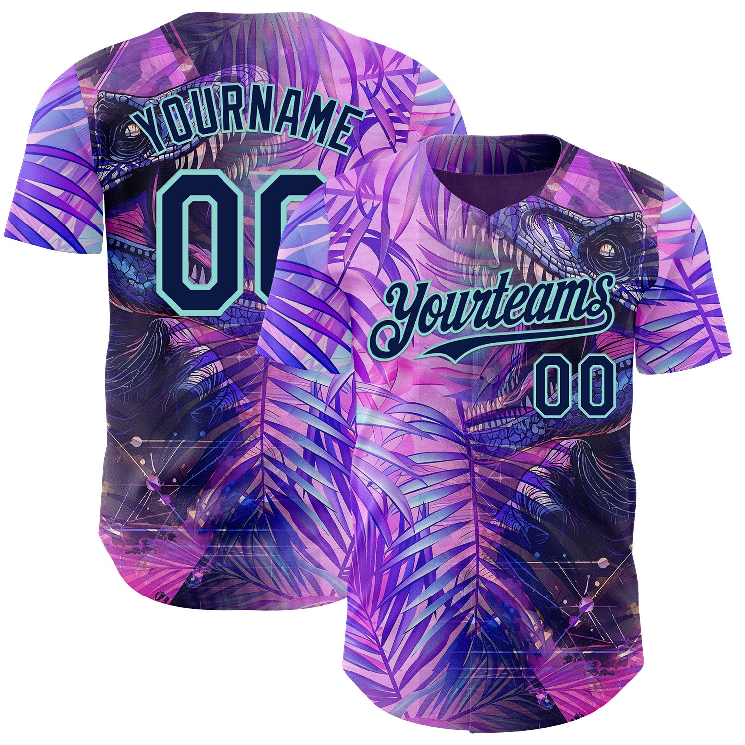 Custom Purple Navy-Ice Blue Cyber Tropical Palm Trees Dinosaur Gothic Fantasy Authentic Baseball Jersey