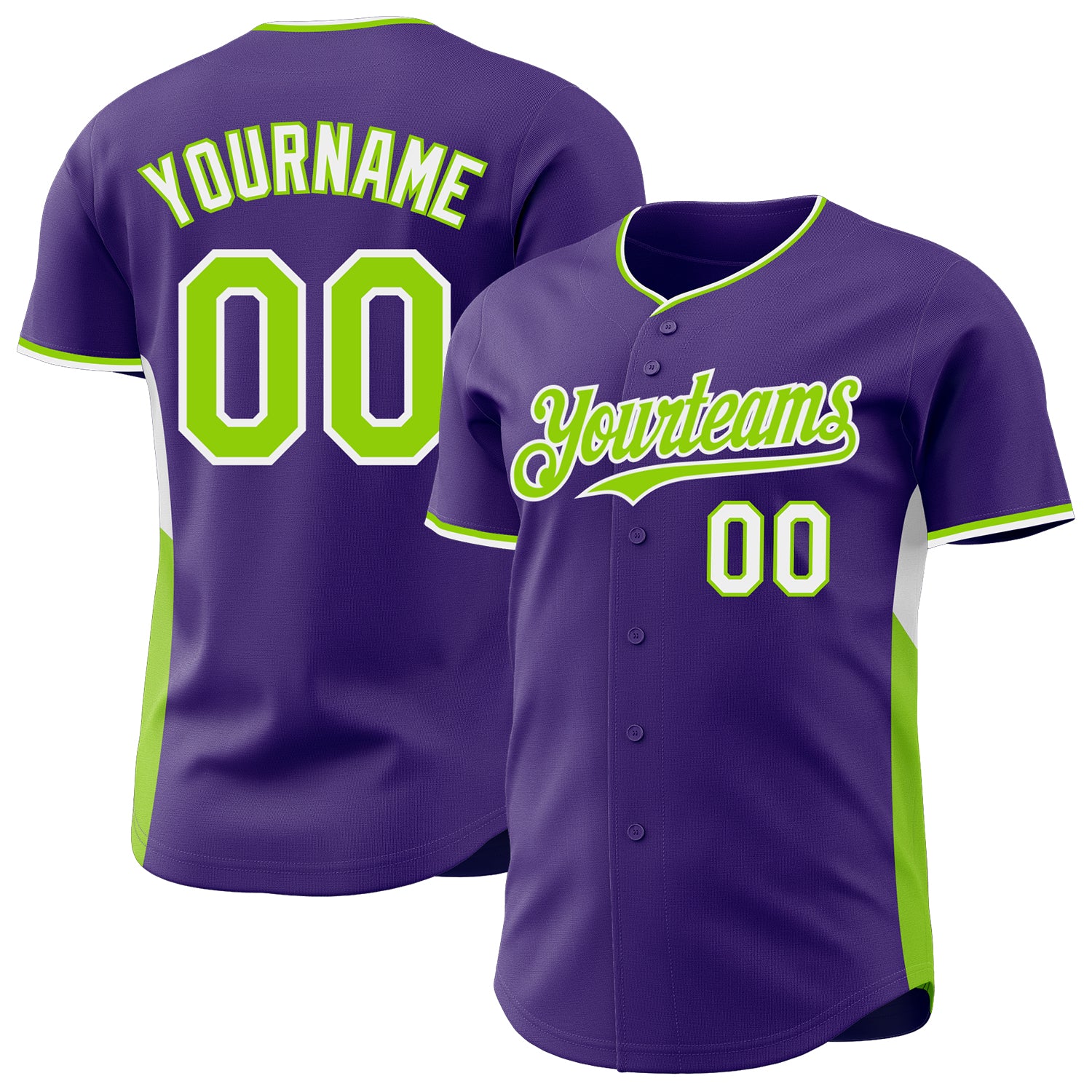 Custom Purple Neon Green-White Classic Color Block Side Panel Stripe Authentic Baseball Jersey