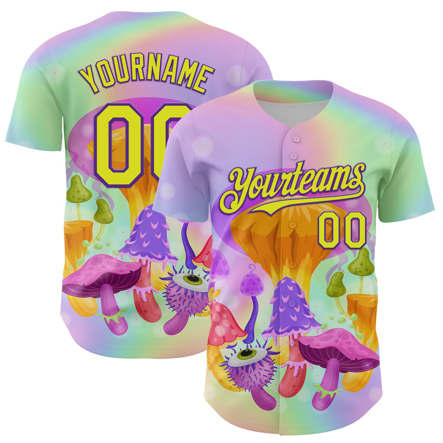 Custom Purple Neon Yellow 3D Pattern Design Trippy Psychedelic Magic Mushrooms Authentic Baseball Jersey