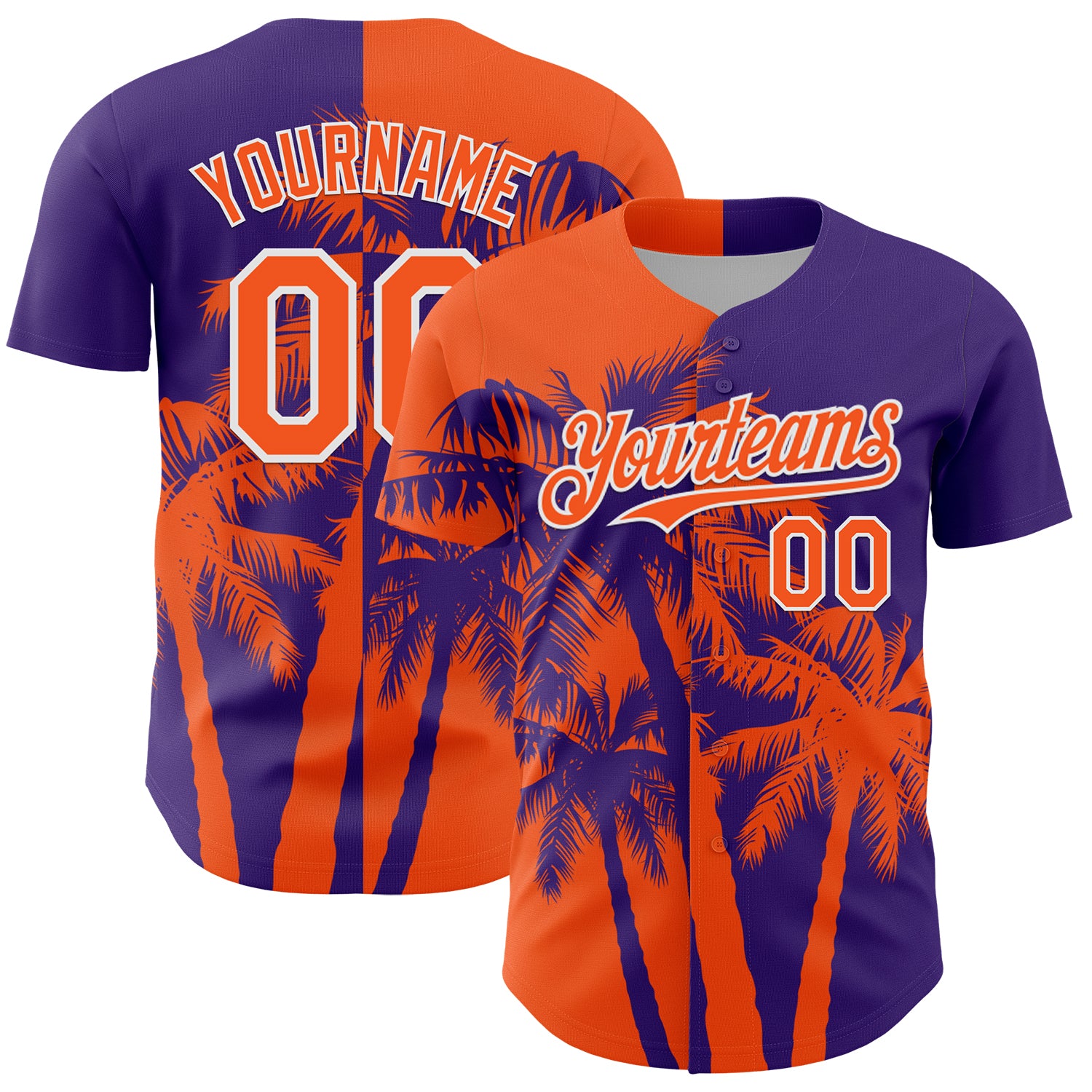 Custom Purple Orange-White 3D Pattern Design Hawaii Palm Trees Tropical Coconut Authentic Baseball Jersey