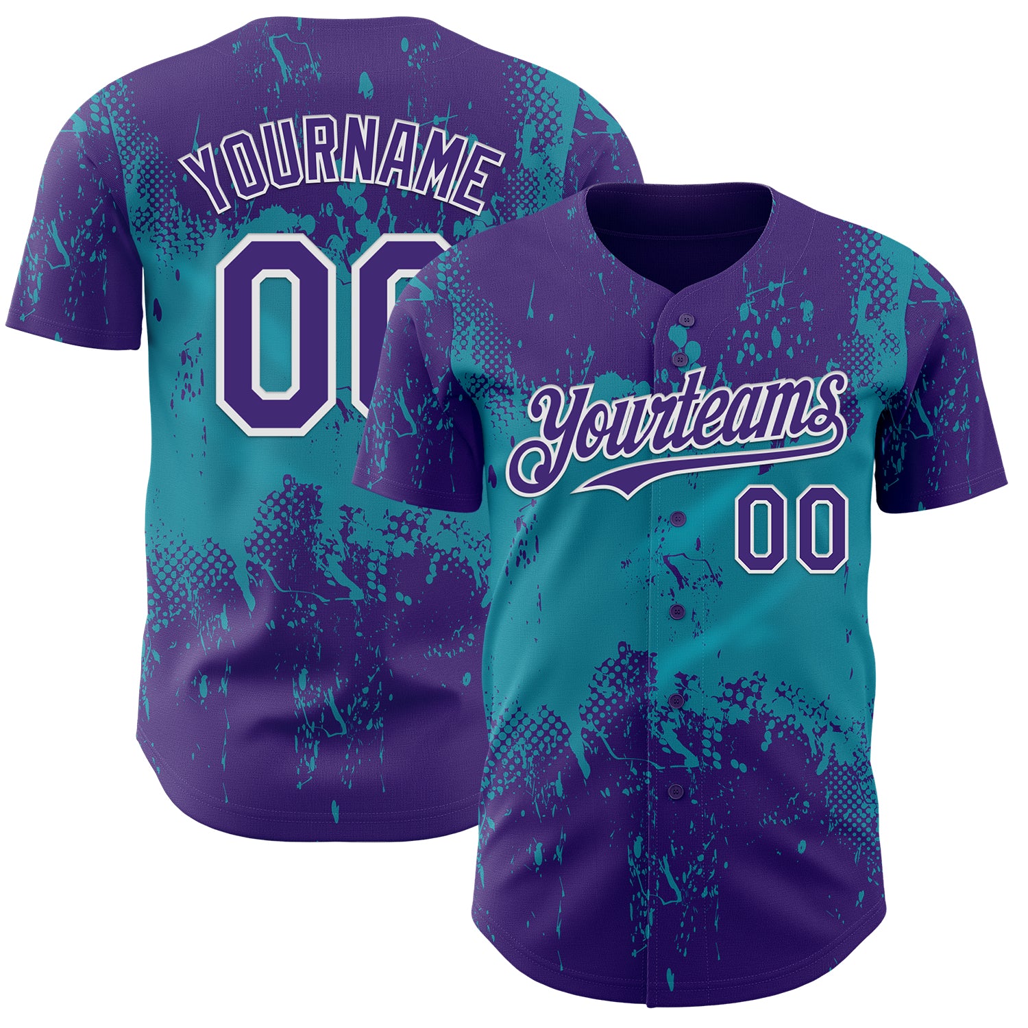 Custom Purple Teal-White 3D Pattern Design Abstract Splatter Grunge Paint Authentic Baseball Jersey