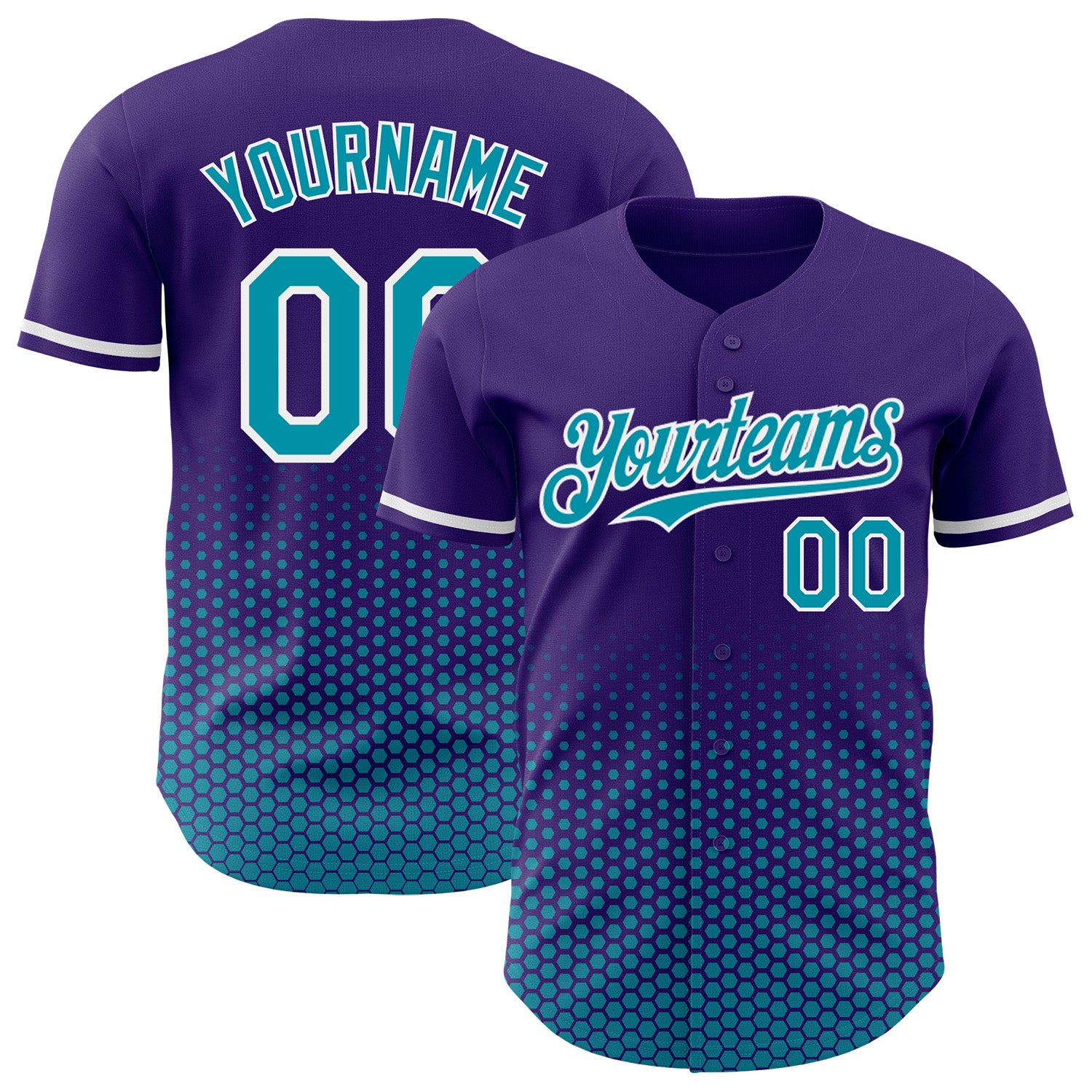 Custom Purple Teal-White Geometric Hexagonal Dot Gradient Authentic Baseball Jersey