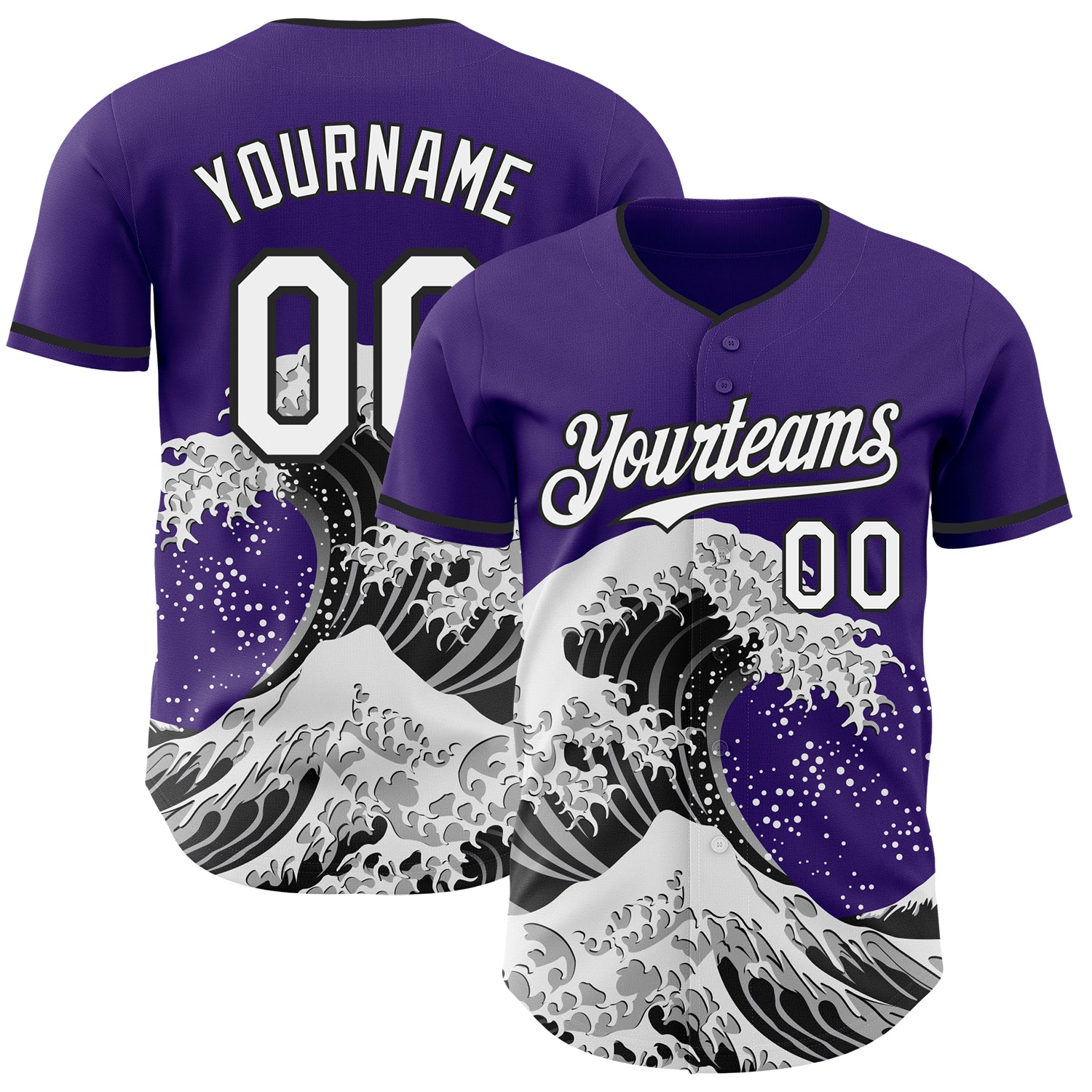 Custom Purple White-Black Japanese Wave 3D Pattern Design Authentic Baseball Jersey