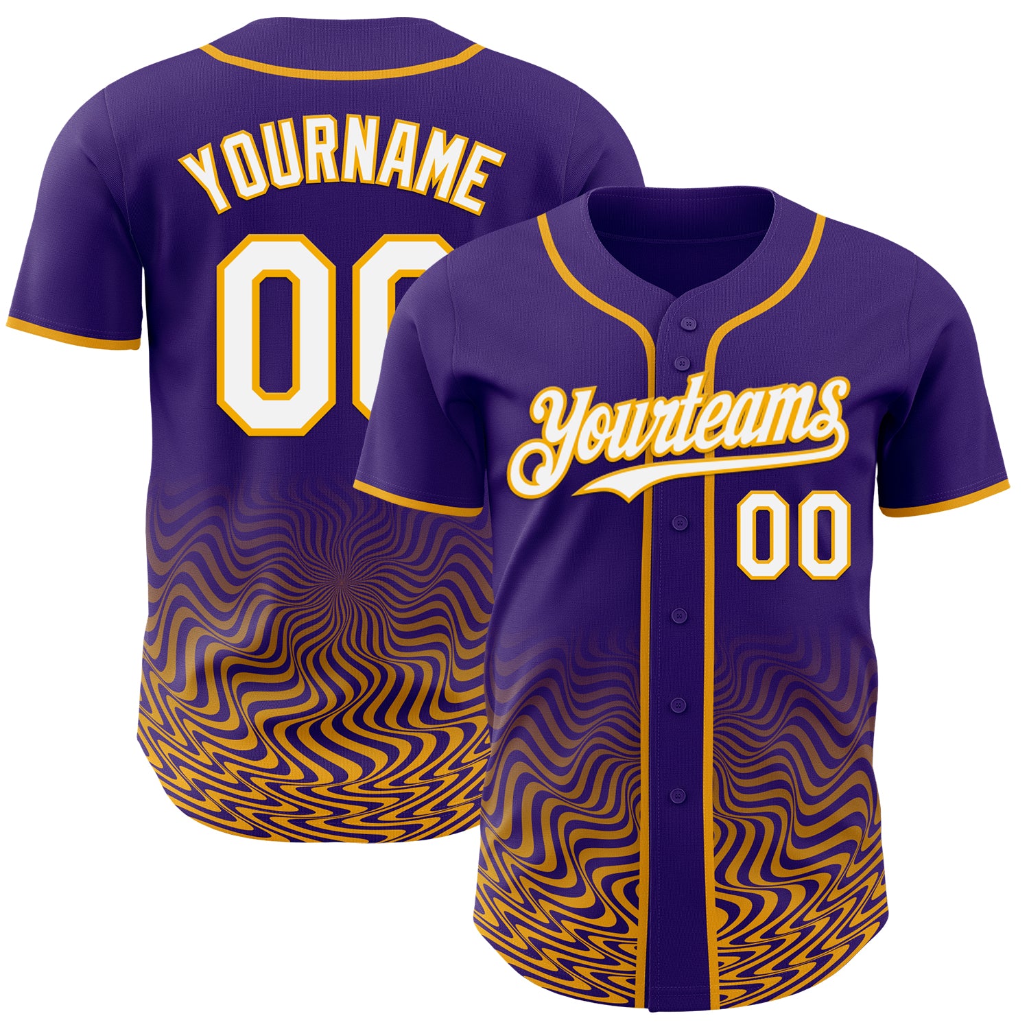 Custom Purple White-Gold Fluid Wave Psychedelic Swirl Authentic Baseball Jersey