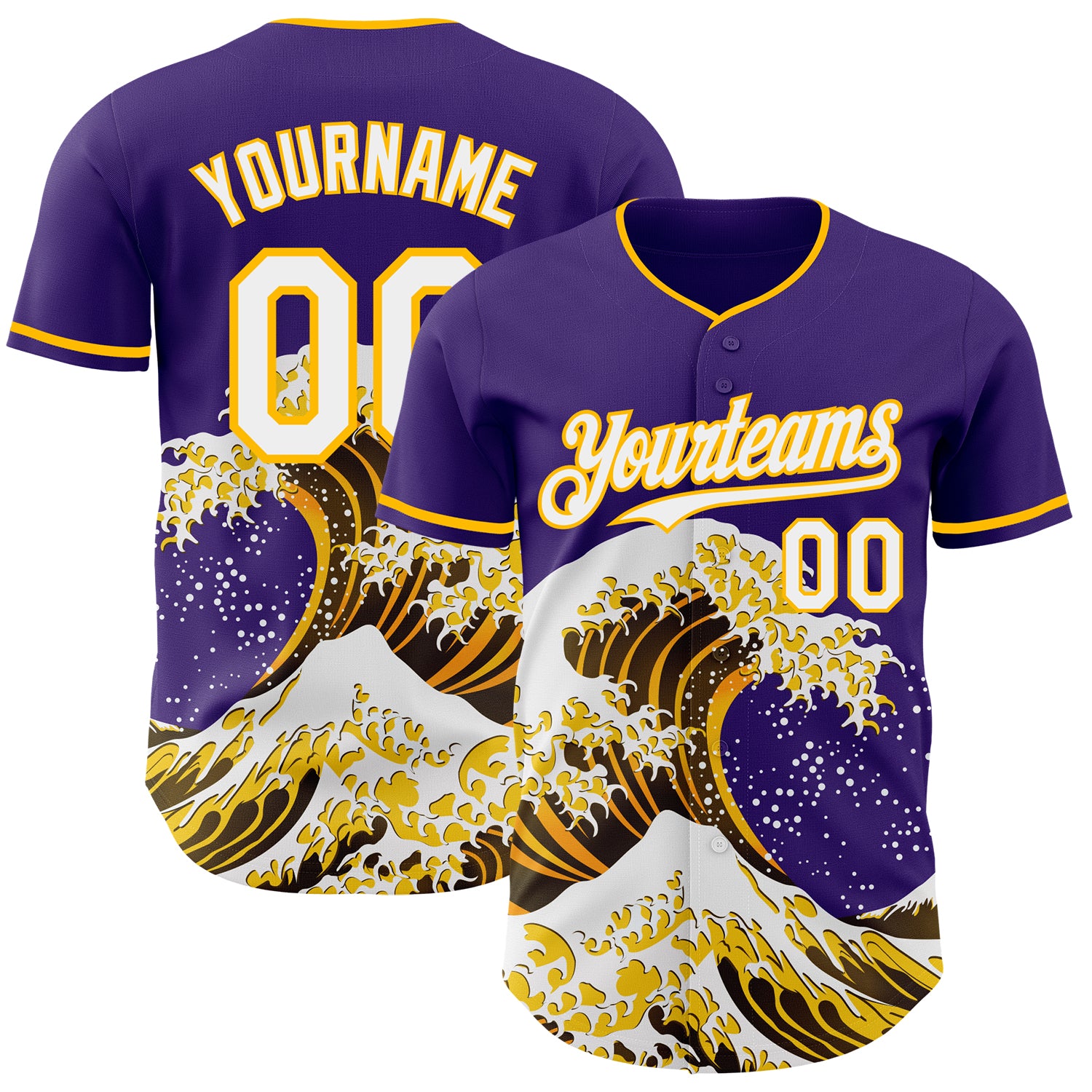 Custom Purple White-Gold Japanese Wave 3D Pattern Design Authentic Baseball Jersey