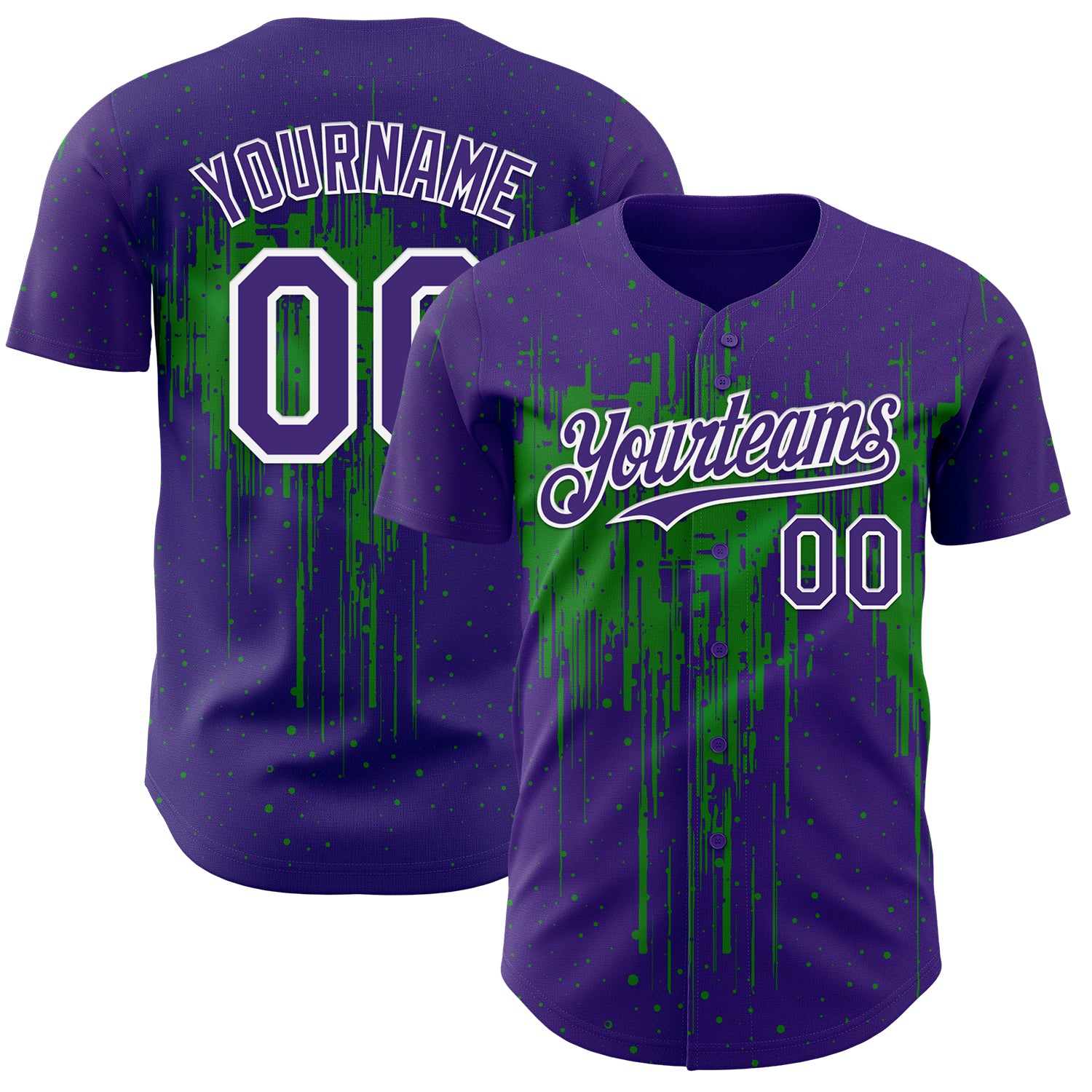 Custom Purple White-Grass Green 3D Pattern Design Dripping Splatter Paint Authentic Baseball Jersey