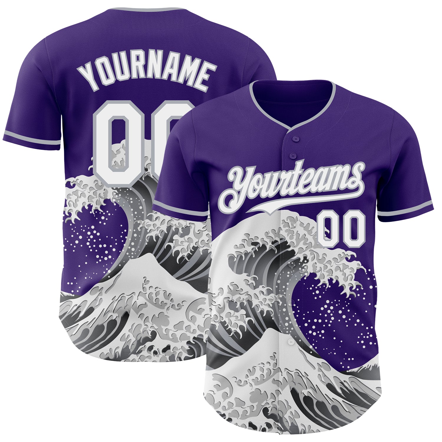 Custom Purple White-Gray Japanese Wave 3D Pattern Design Authentic Baseball Jersey