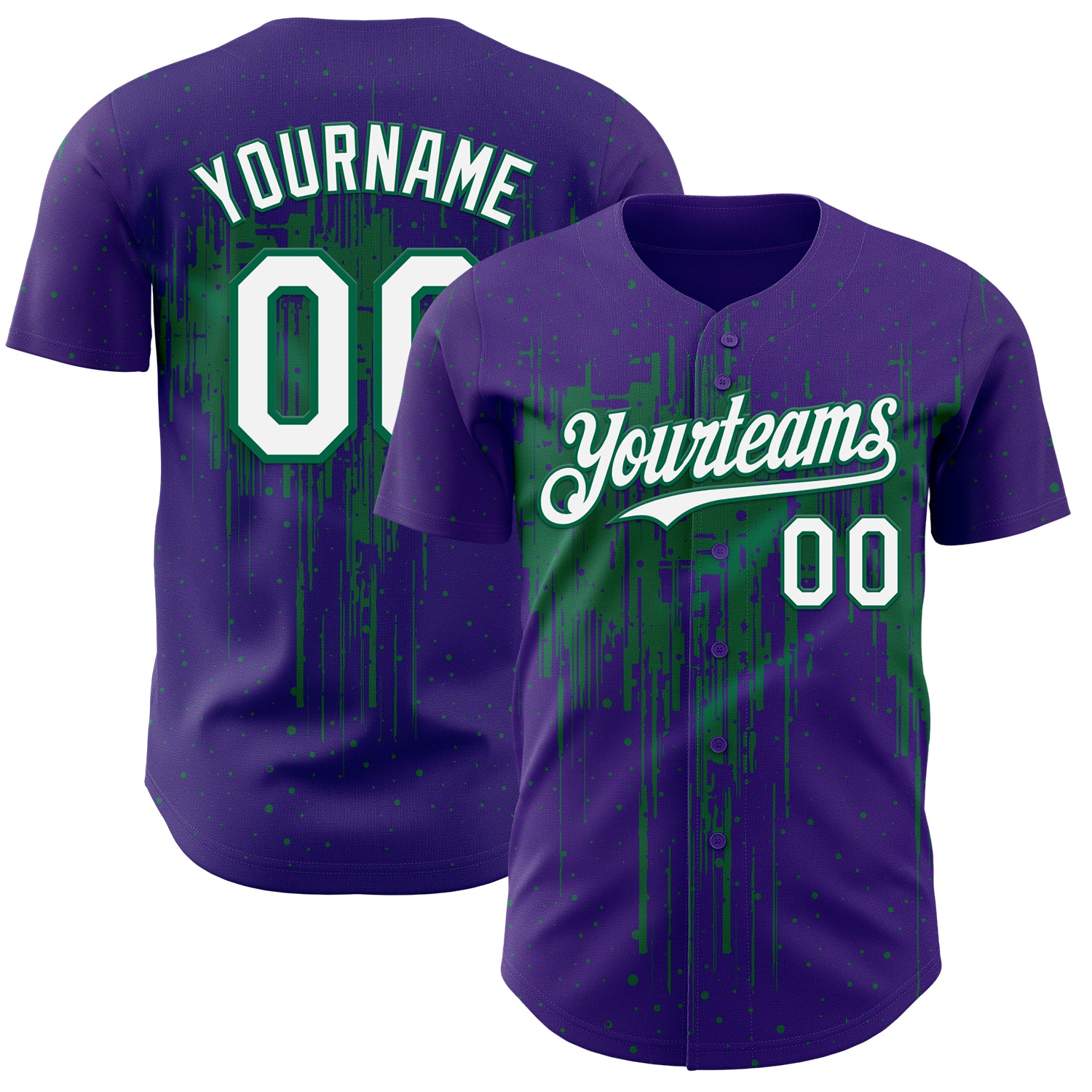 Custom Purple White-Kelly Green 3D Pattern Design Dripping Splatter Paint Authentic Baseball Jersey