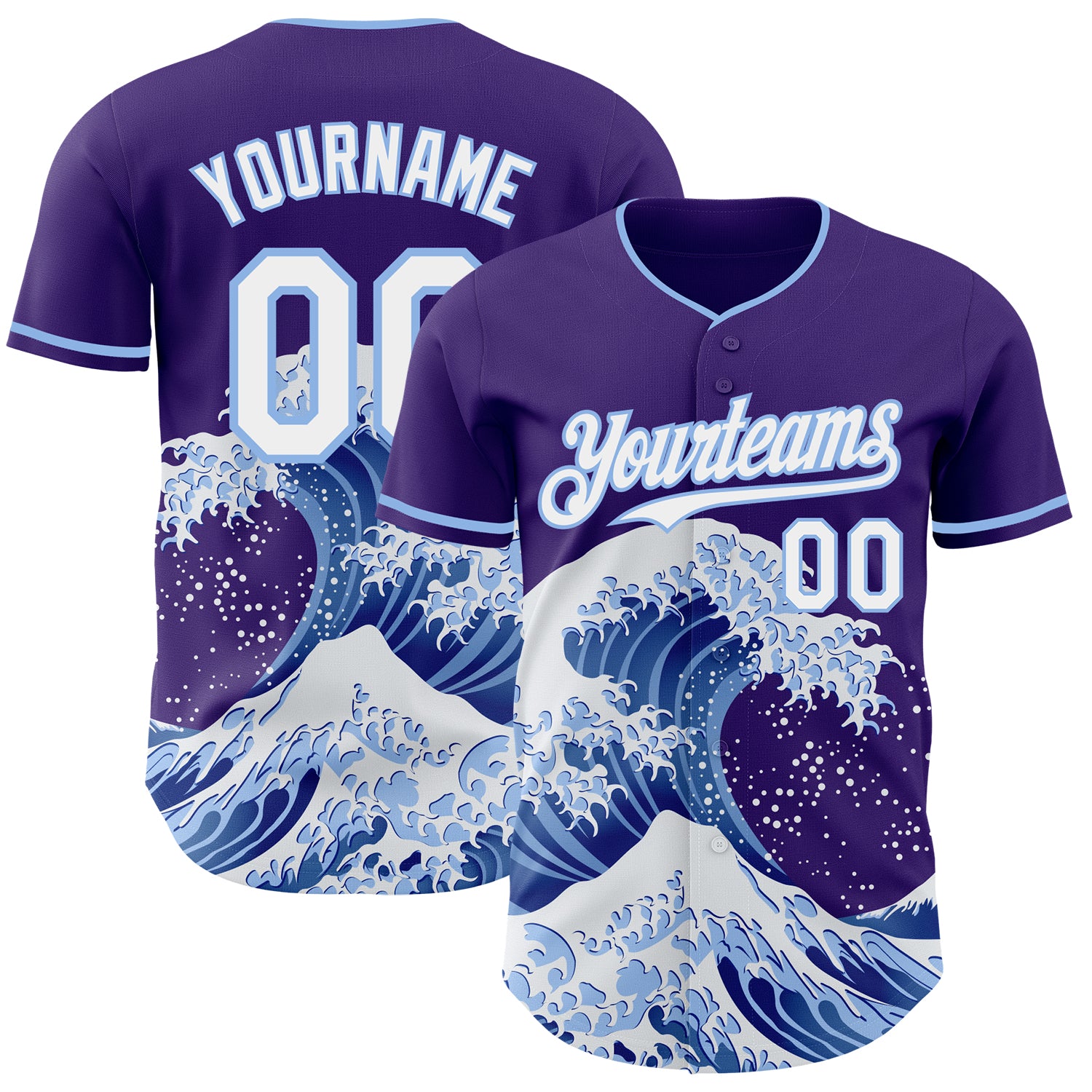 Custom Purple White-Light Blue Japanese Wave 3D Pattern Design Authentic Baseball Jersey