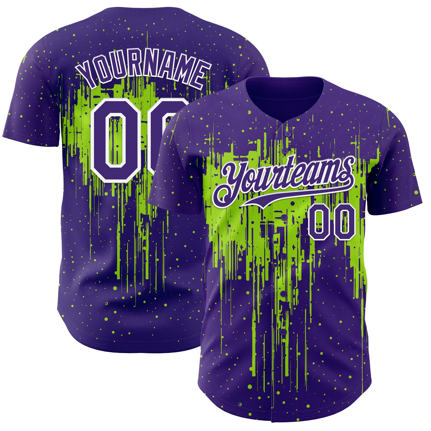 Custom Purple White-Neon Green 3D Pattern Design Dripping Splatter Paint Authentic Baseball Jersey