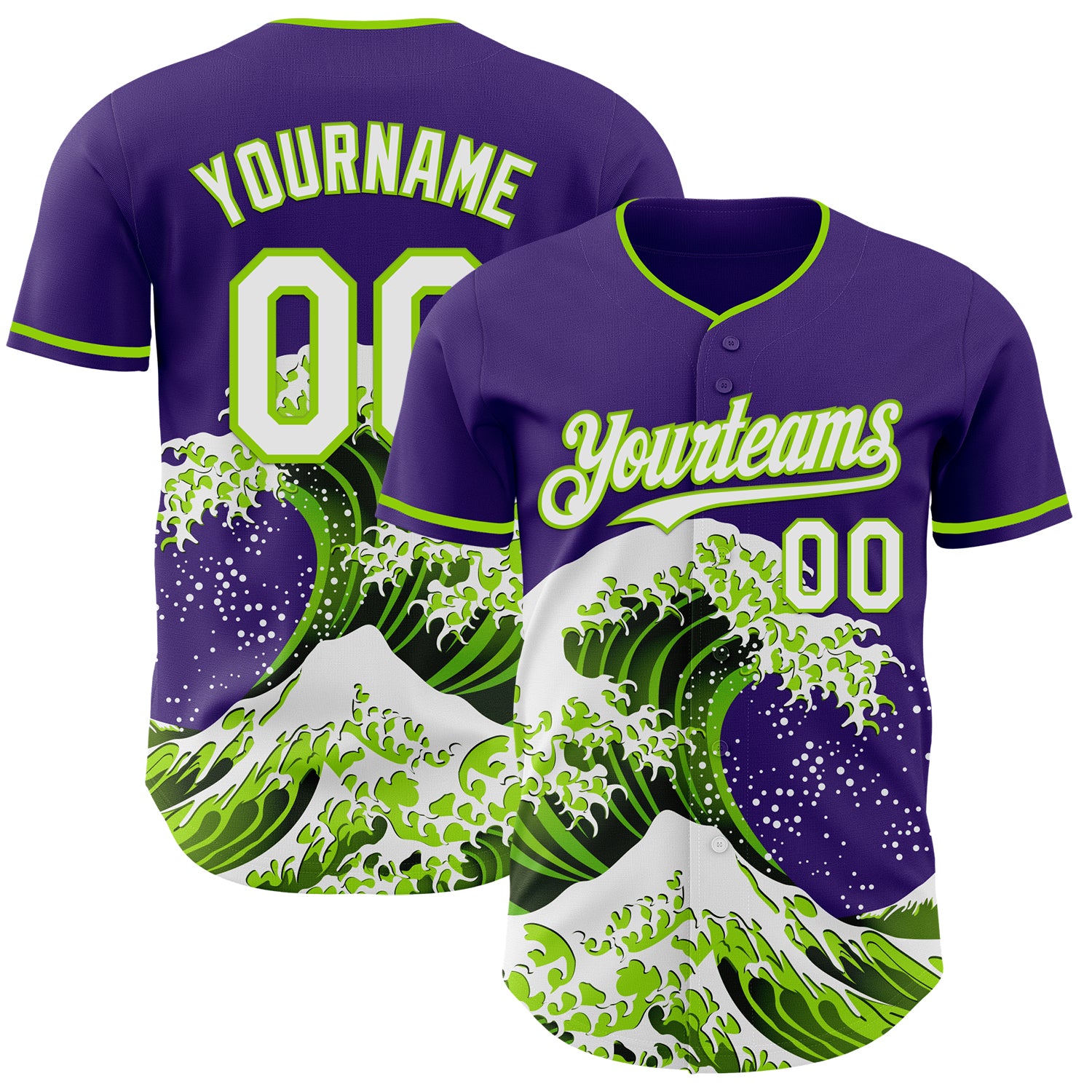 Custom Purple White-Neon Green Japanese Wave 3D Pattern Design Authentic Baseball Jersey
