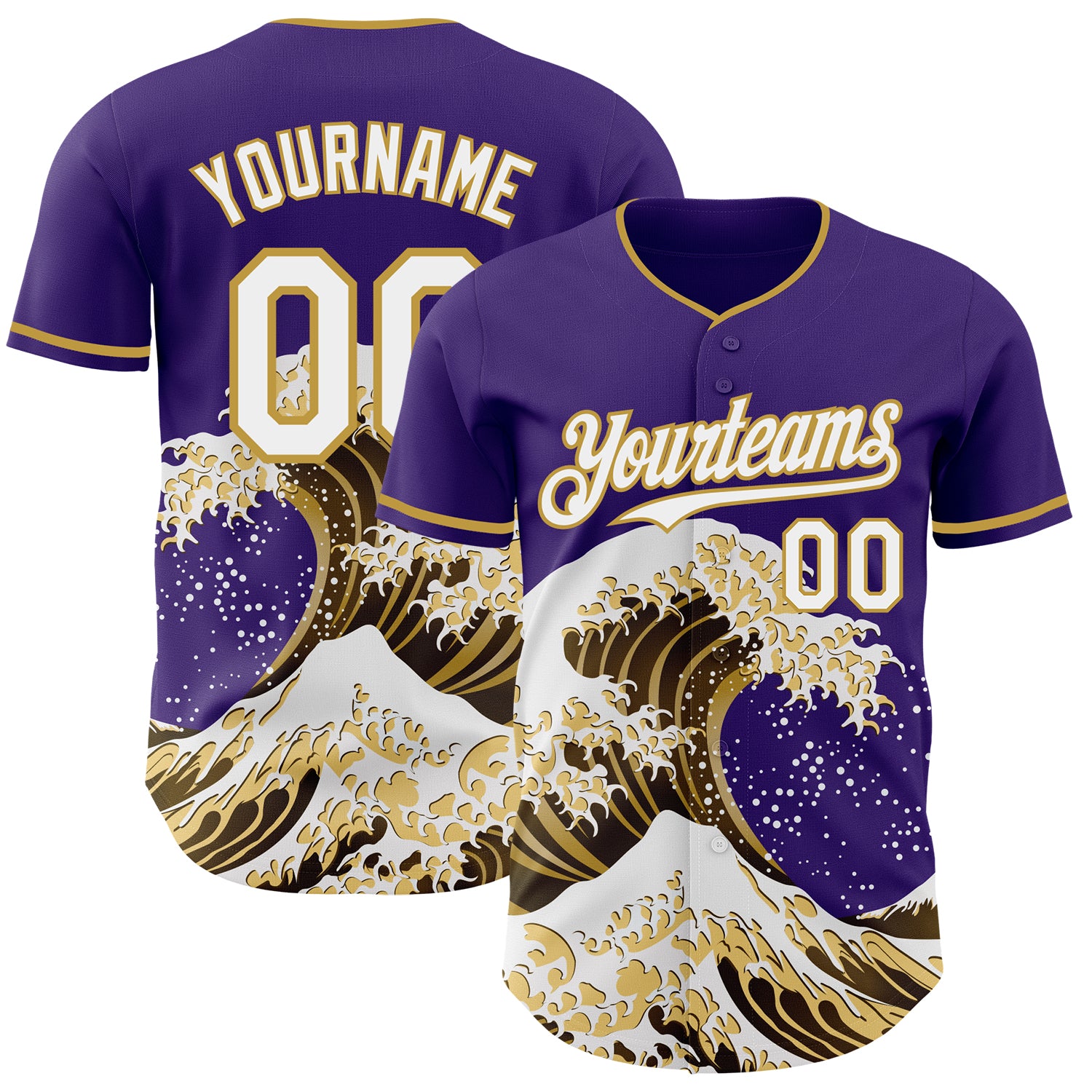 Custom Purple White-Old Gold Japanese Wave 3D Pattern Design Authentic Baseball Jersey