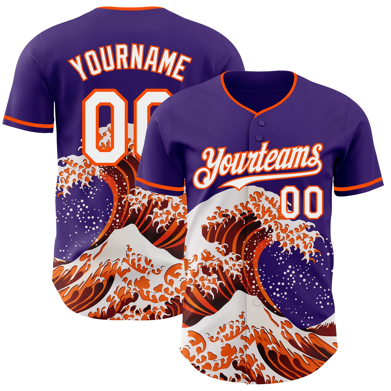 Custom Purple White-Orange Japanese Wave 3D Pattern Design Authentic Baseball Jersey
