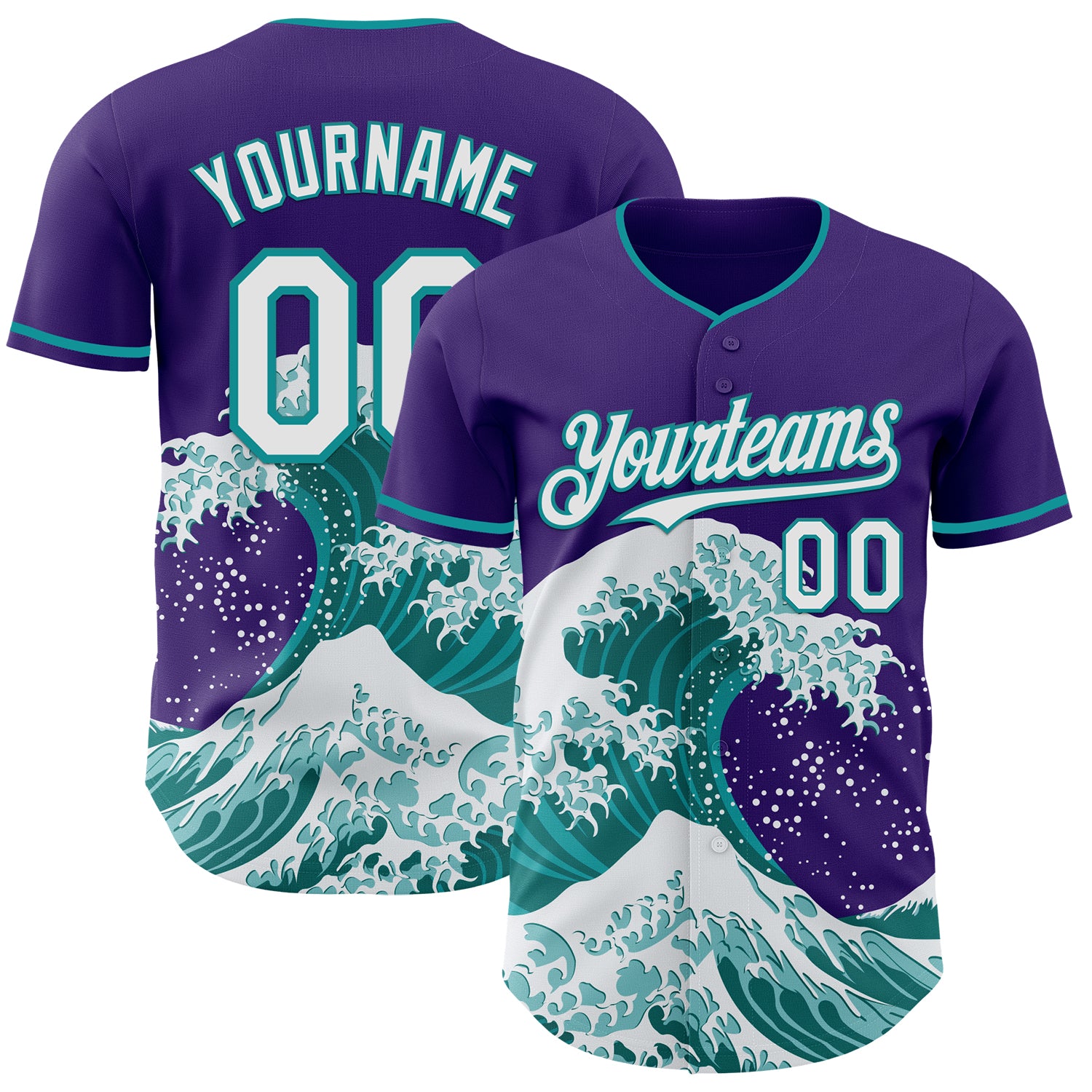 Custom Purple White-Teal Japanese Wave 3D Pattern Design Authentic Baseball Jersey