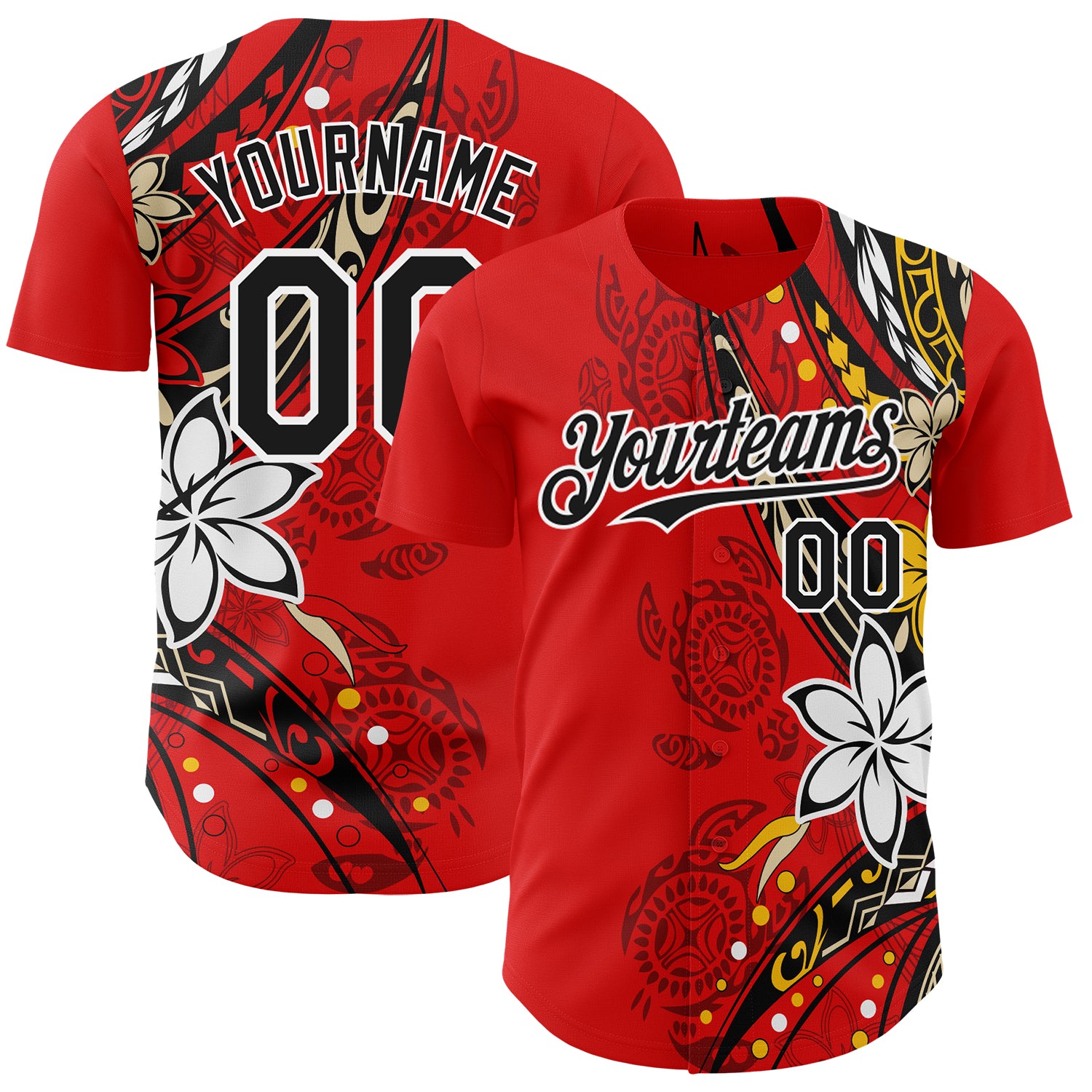 Custom Red Black-White 3D Hawaii Flower Authentic Baseball Jersey