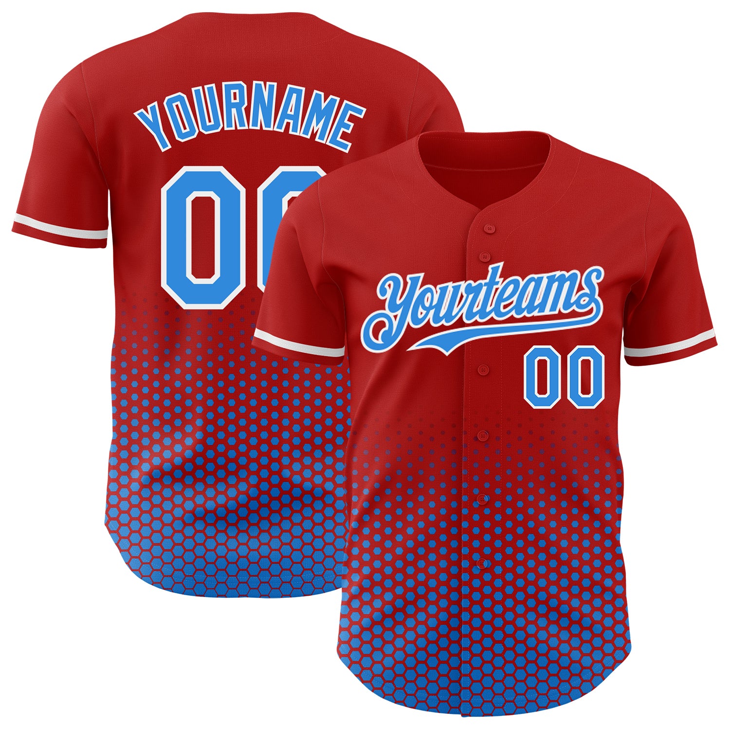 Custom Red Electric Blue-White Geometric Hexagonal Dot Gradient Authentic Baseball Jersey