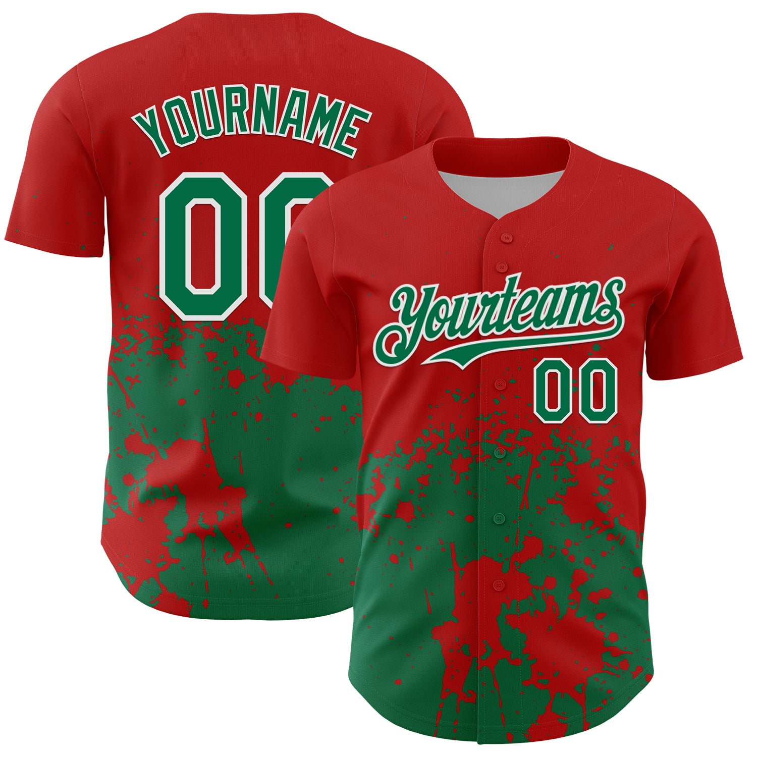 Custom Red Kelly Green-White Abstract Splatter Grunge Authentic Baseball Jersey