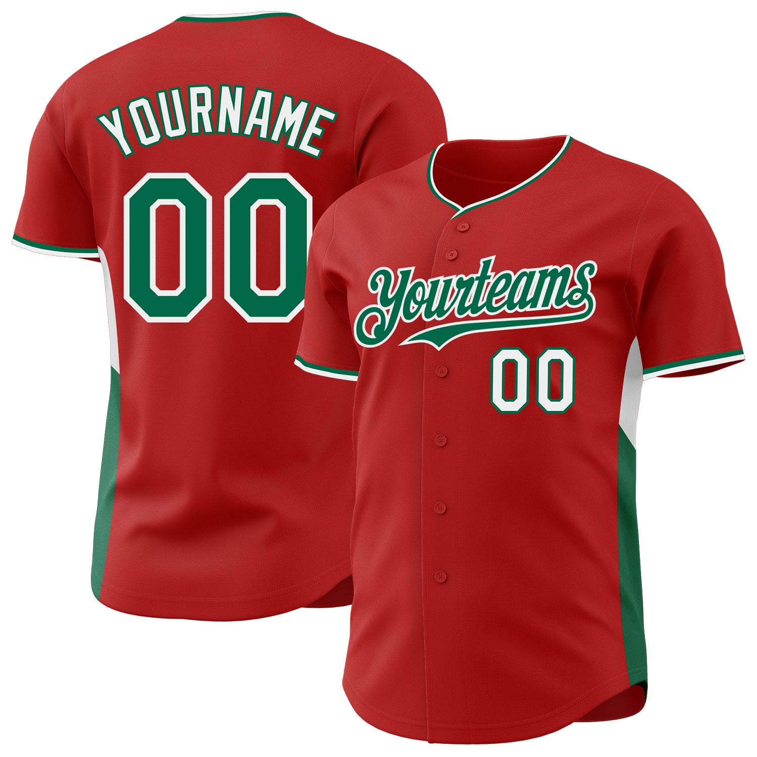 Custom Red Kelly Green-White Classic Color Block Side Panel Stripe Authentic Baseball Jersey