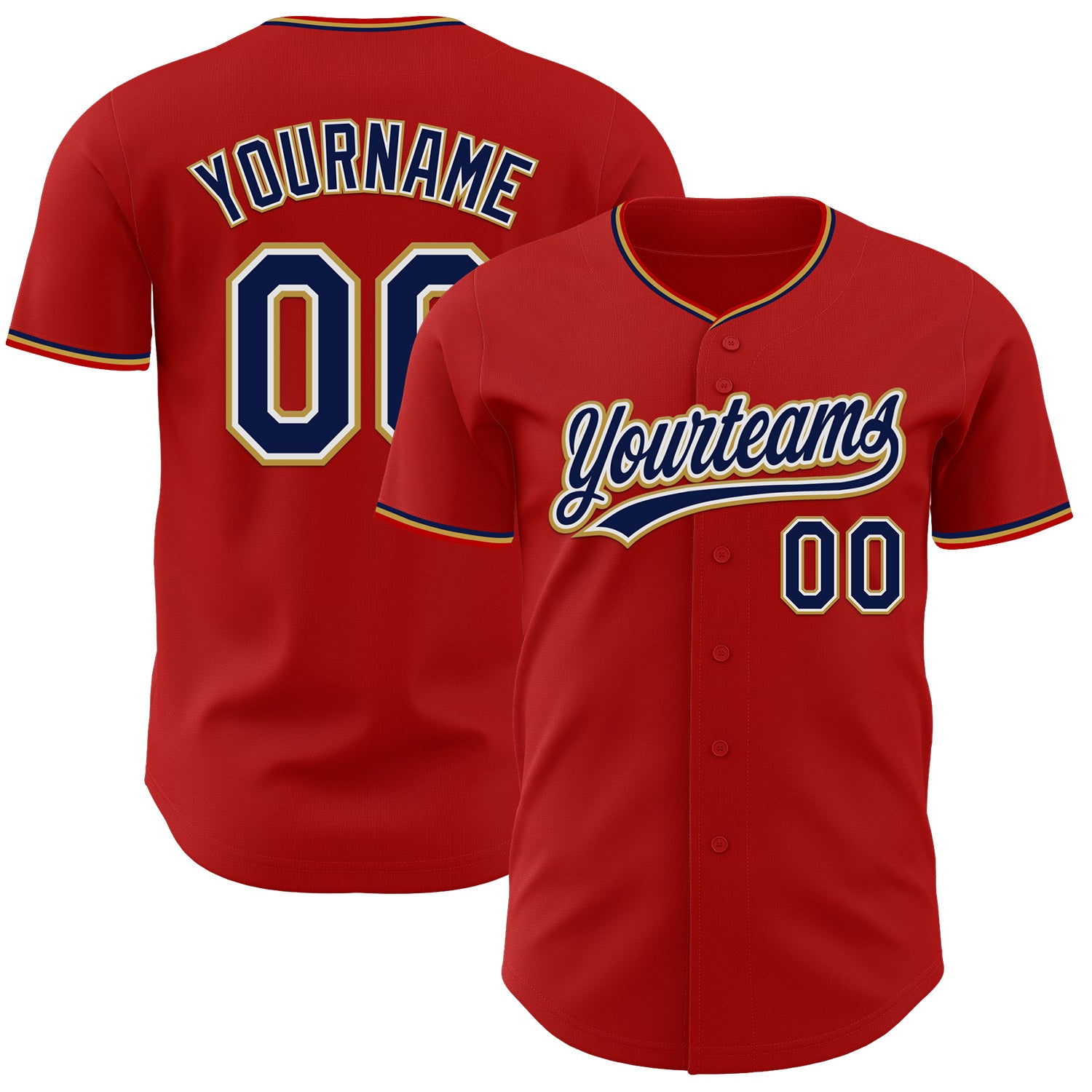 Custom Red Navy White-Old Gold Authentic Baseball Jersey
