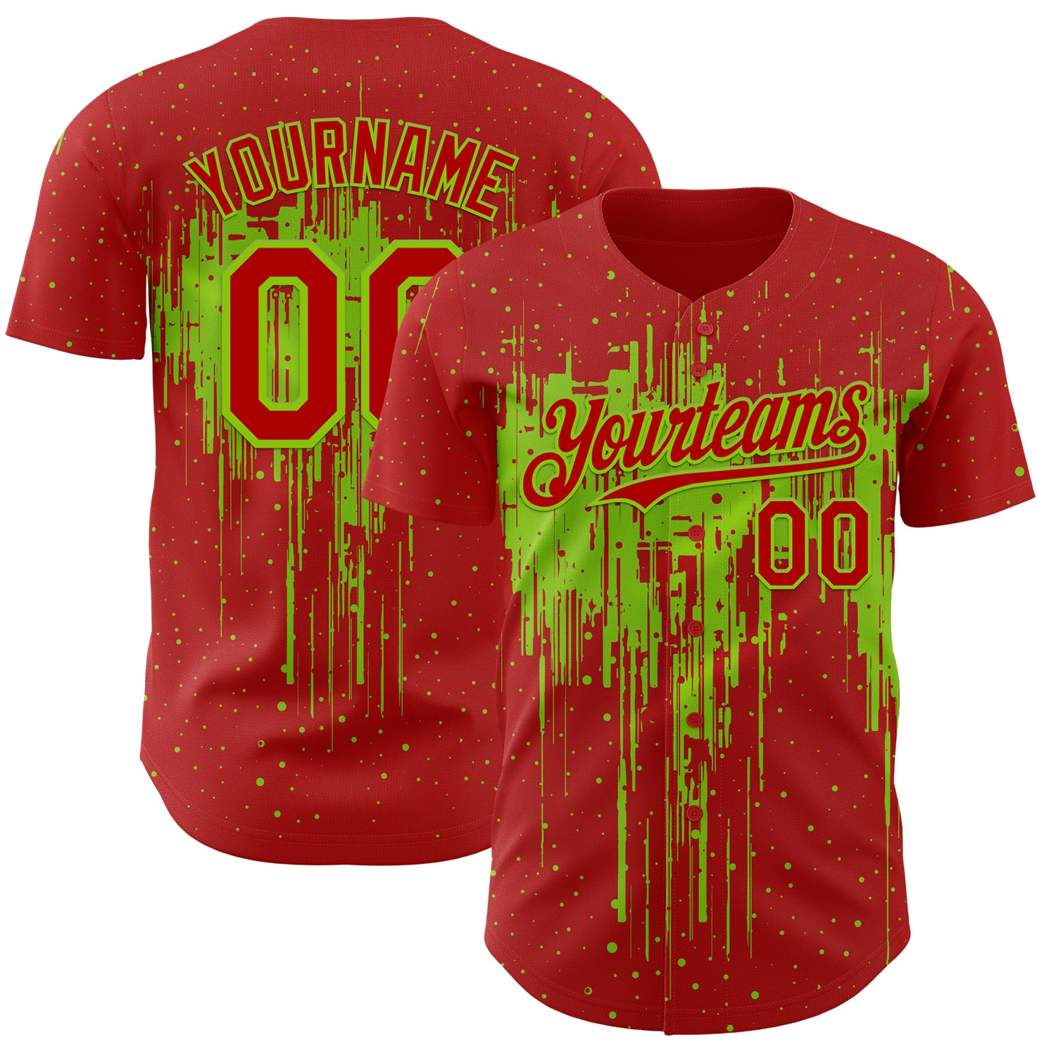 Custom Red Neon Green 3D Pattern Design Dripping Splatter Paint Authentic Baseball Jersey