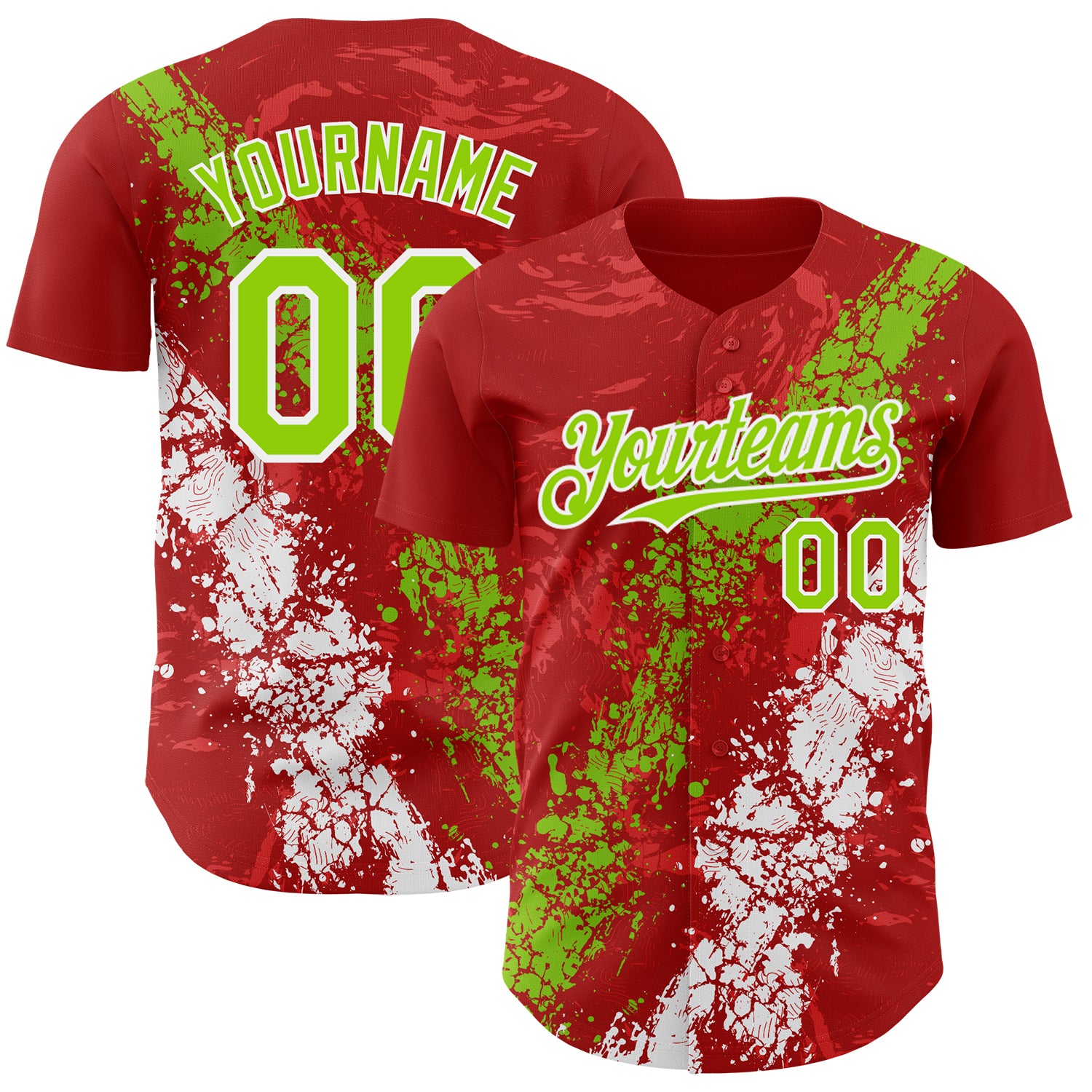 Custom Red Neon Green-White 3D Pattern Design Splash Authentic Baseball Jersey