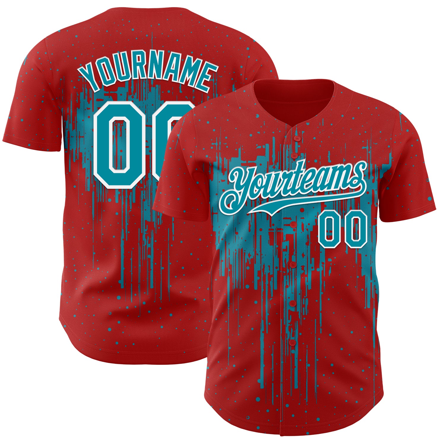 Custom Red Teal-White 3D Pattern Design Dripping Splatter Paint Authentic Baseball Jersey