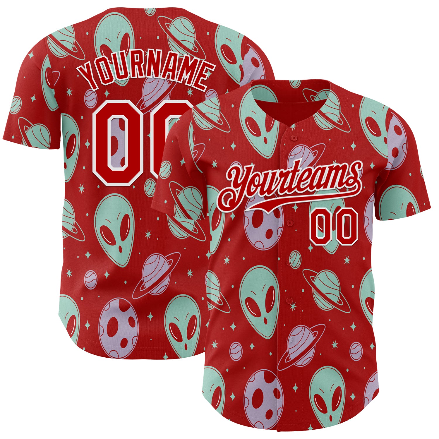 Custom Red White 3D Pattern Design Alien UFO Space Authentic Baseball Jersey