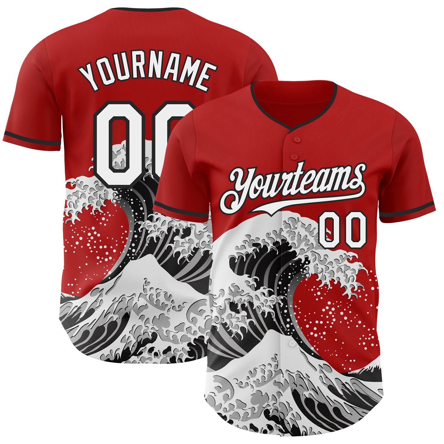 Custom Red White-Black Japanese Wave 3D Pattern Design Authentic Baseball Jersey
