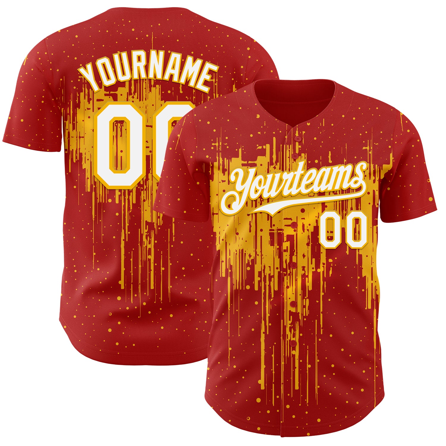 Custom Red White-Gold 3D Pattern Design Dripping Splatter Paint Authentic Baseball Jersey